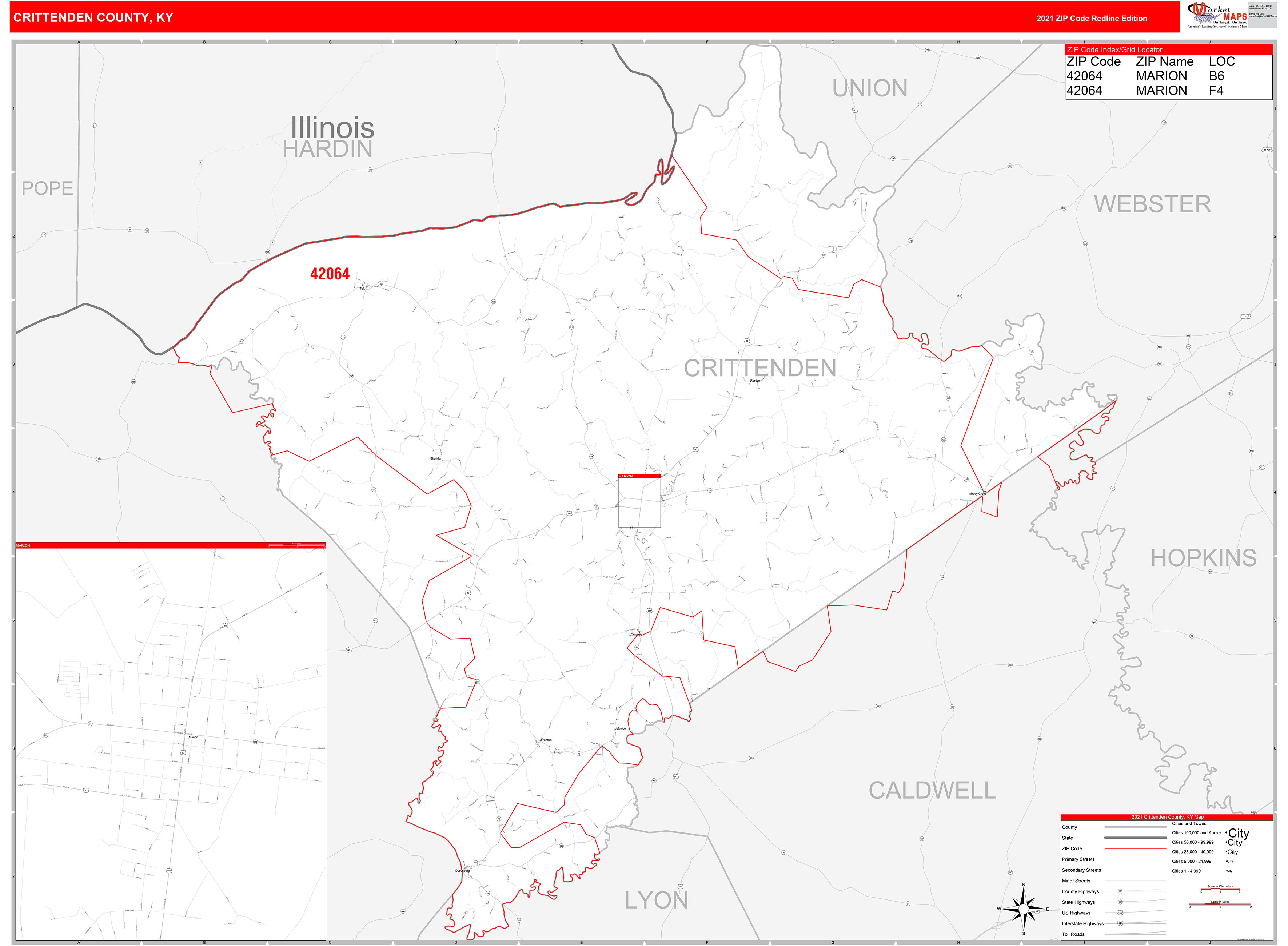 Crittenden County, KY Zip Code Wall Map Red Line Style by MarketMAPS
