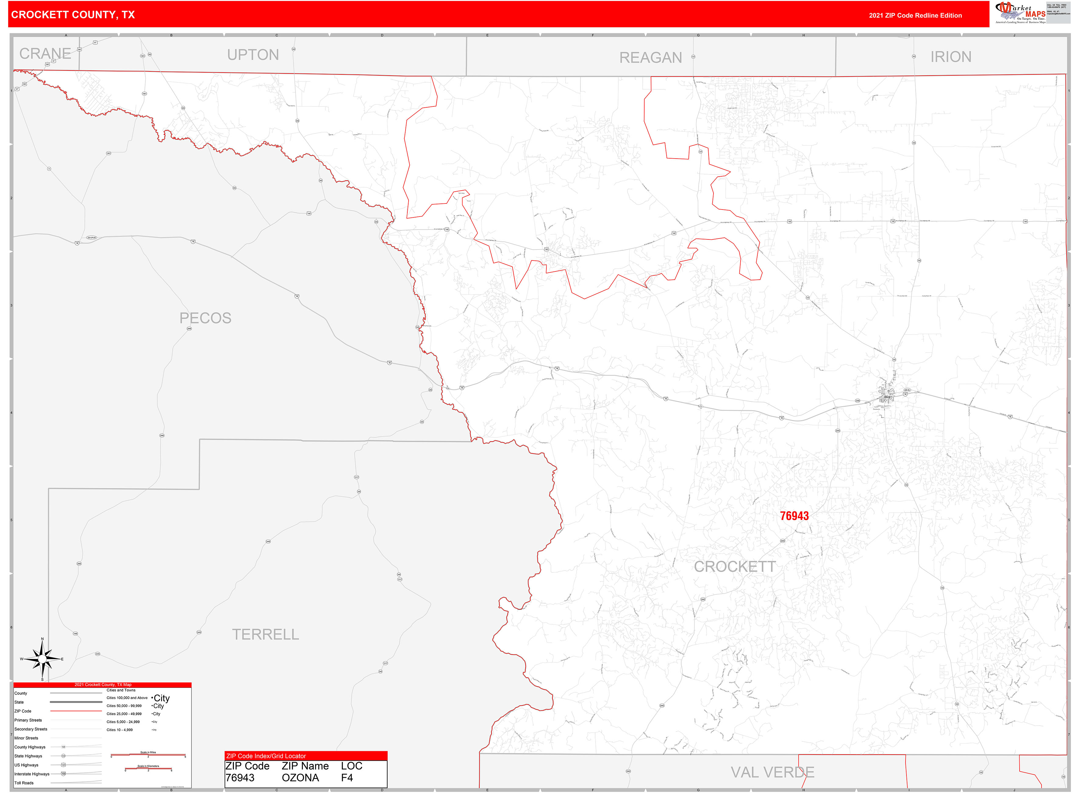 Crockett County, TX Zip Code Wall Map Red Line Style by MarketMAPS