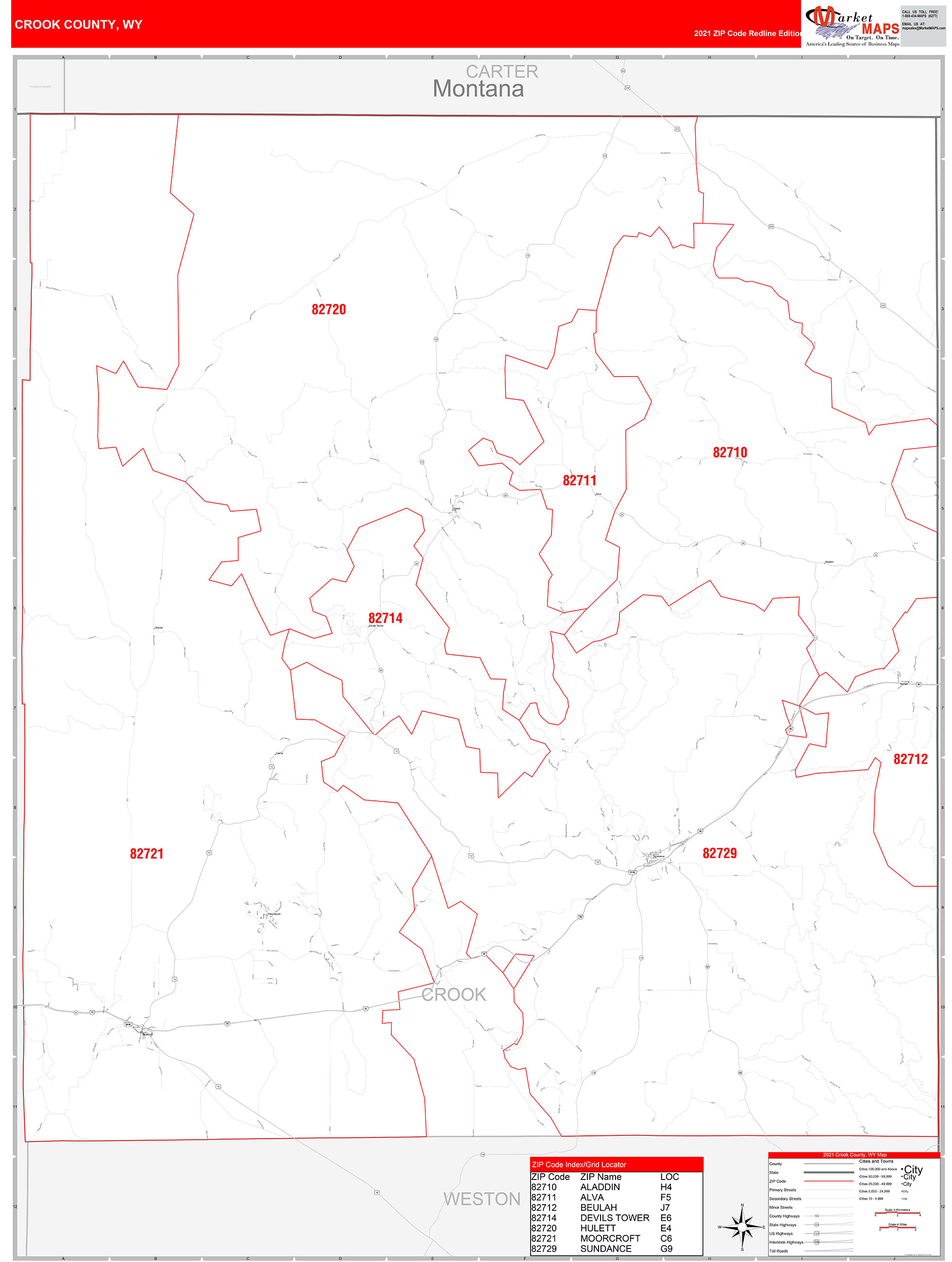 Crook County, WY Zip Code Wall Map Red Line Style by MarketMAPS MapSales