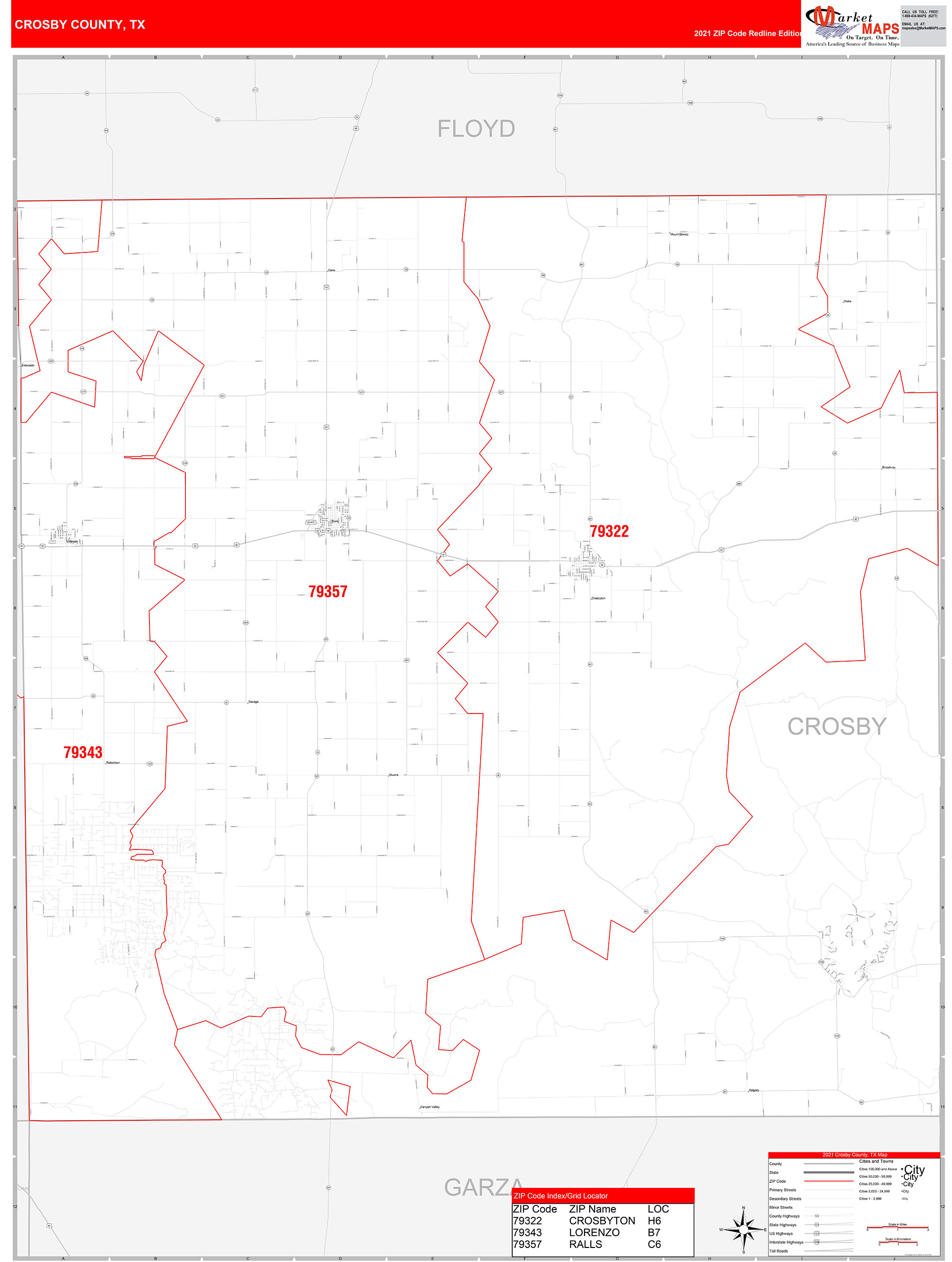 Crosby County, TX Zip Code Wall Map Red Line Style by MarketMAPS MapSales