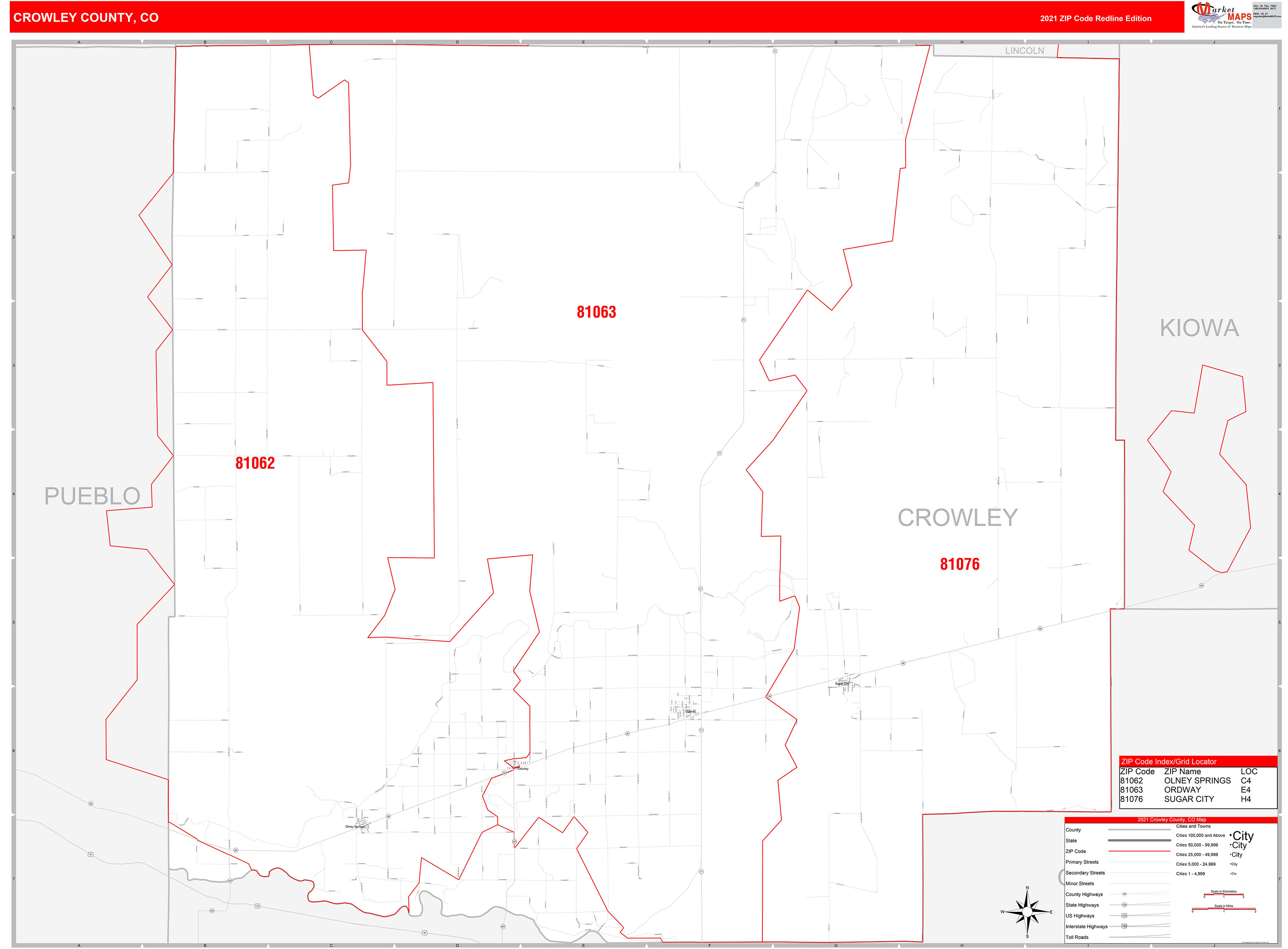 Crowley County, CO Zip Code Wall Map Red Line Style by MarketMAPS
