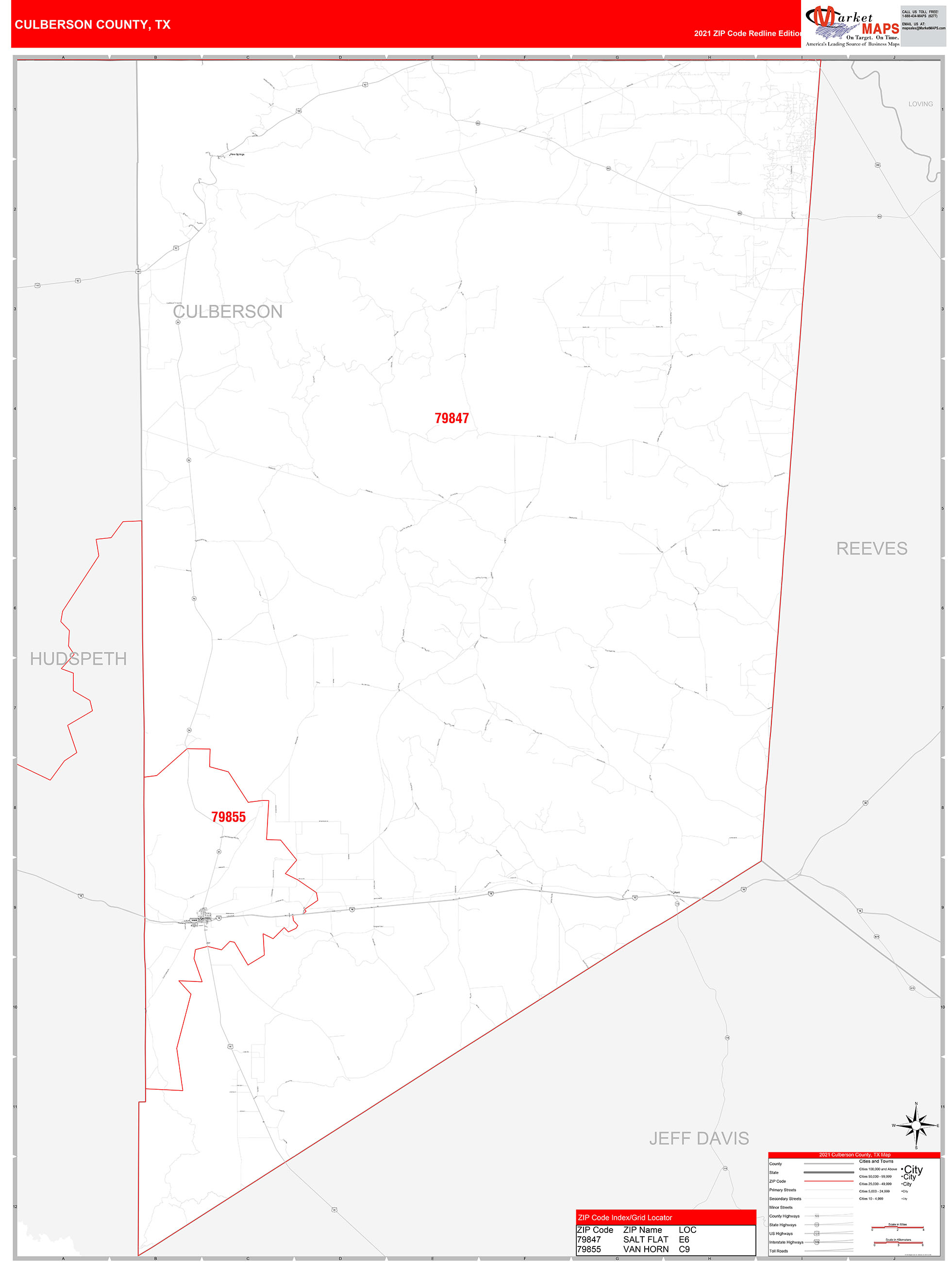 Culberson County, TX Zip Code Wall Map Red Line Style by MarketMAPS
