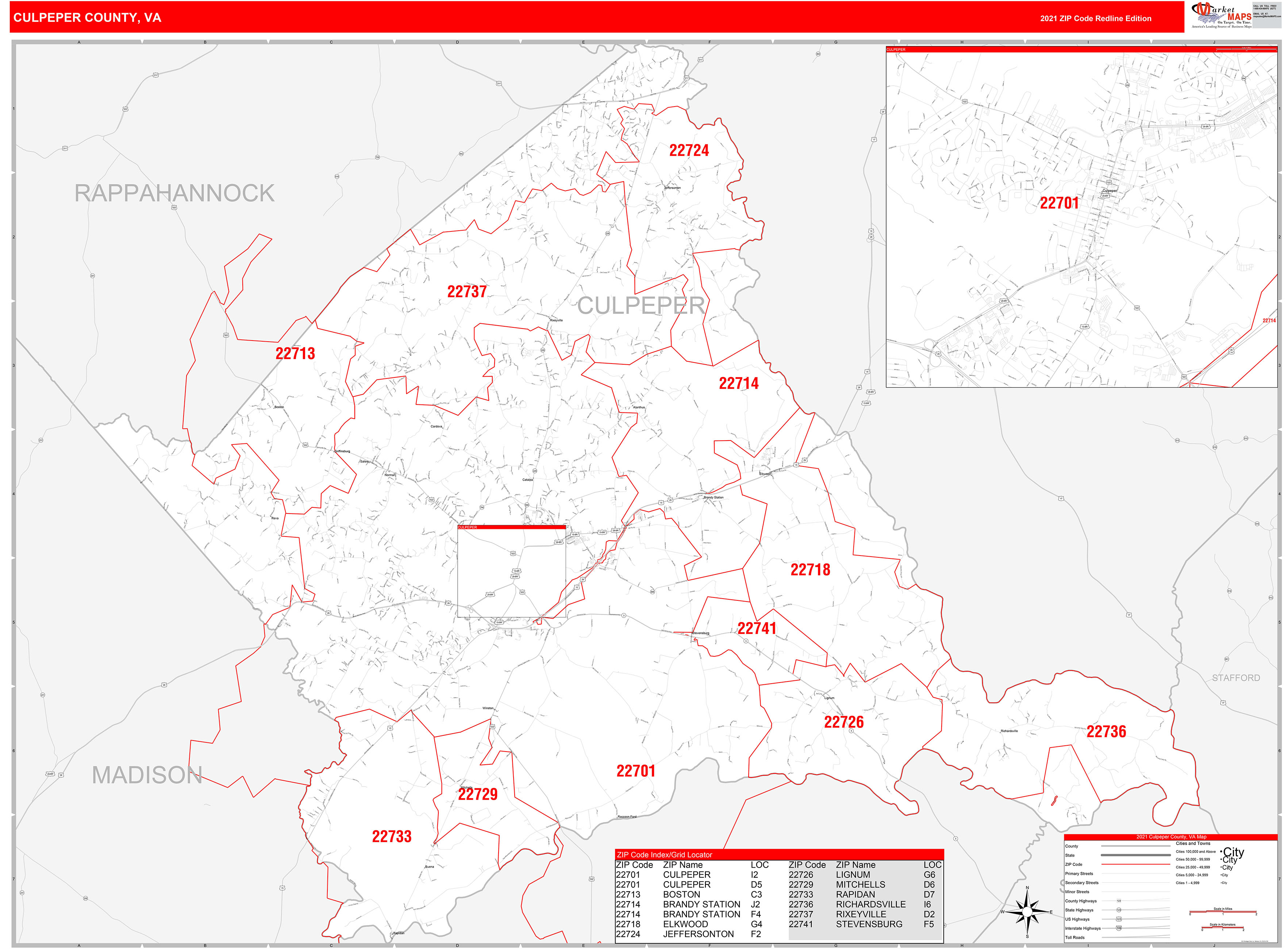 Culpeper County, VA Zip Code Wall Map Red Line Style by MarketMAPS MapSales