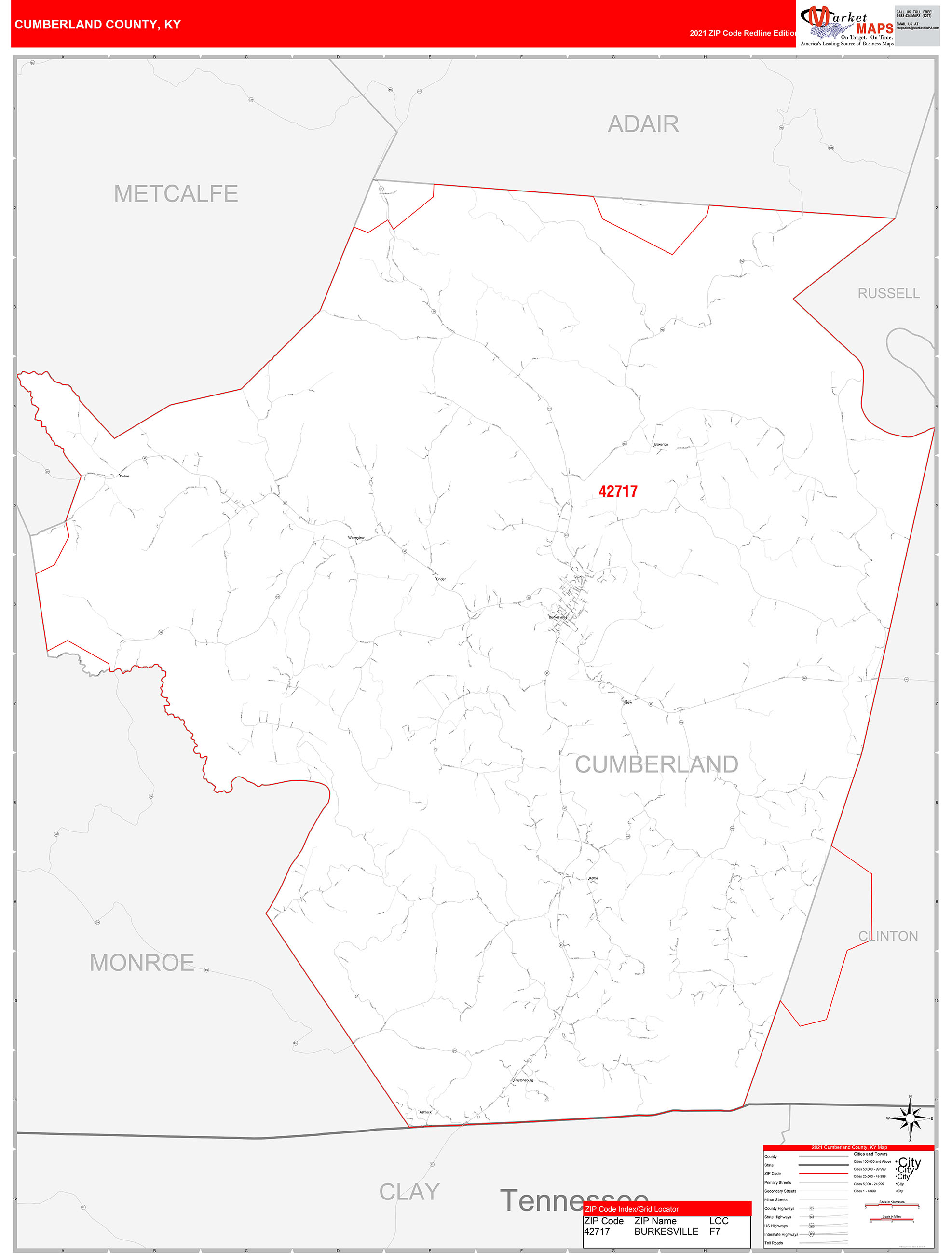 Cumberland County, KY Zip Code Wall Map Red Line Style by MarketMAPS