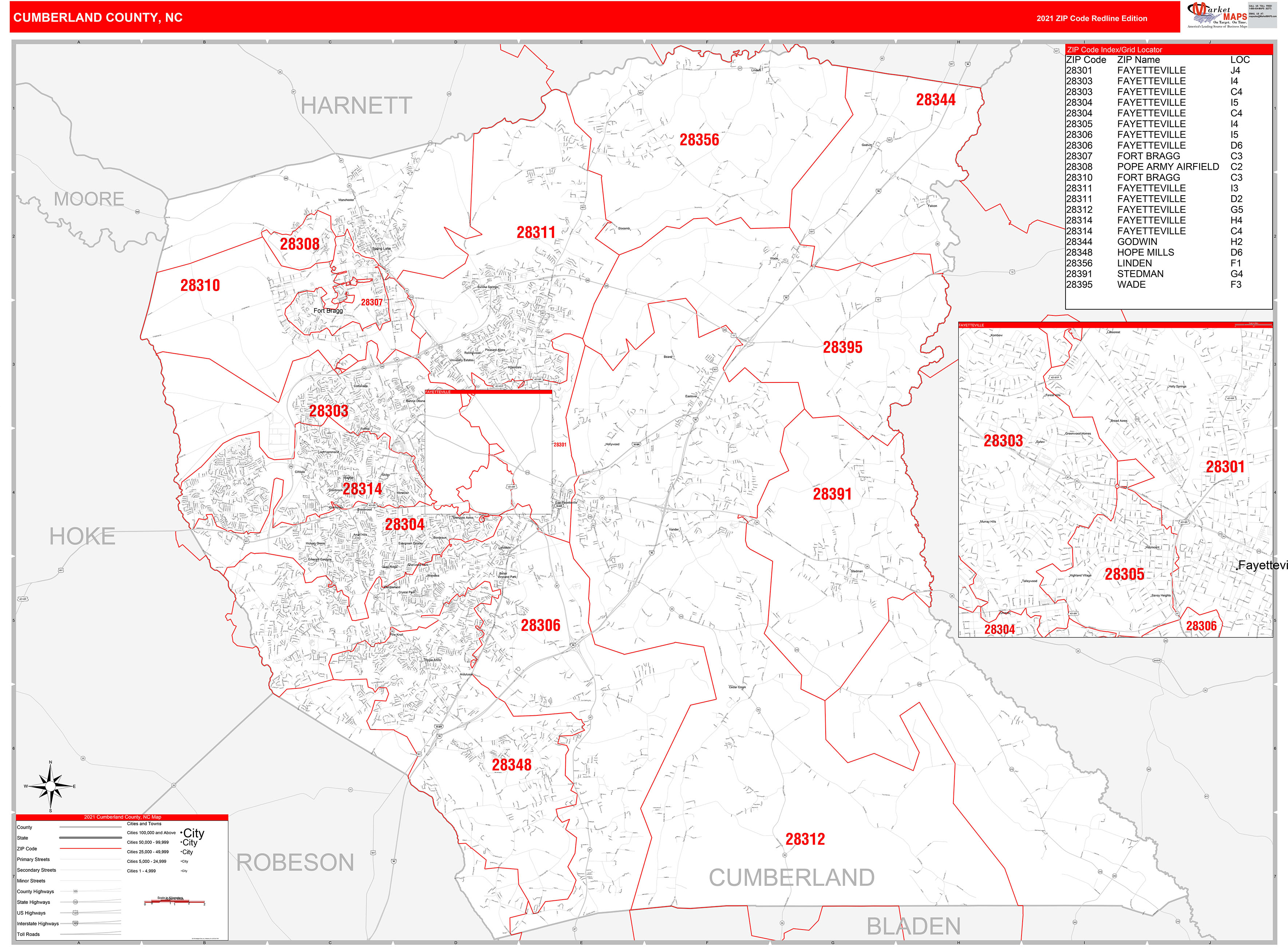 Cumberland County, NC Zip Code Wall Map Red Line Style by MarketMAPS
