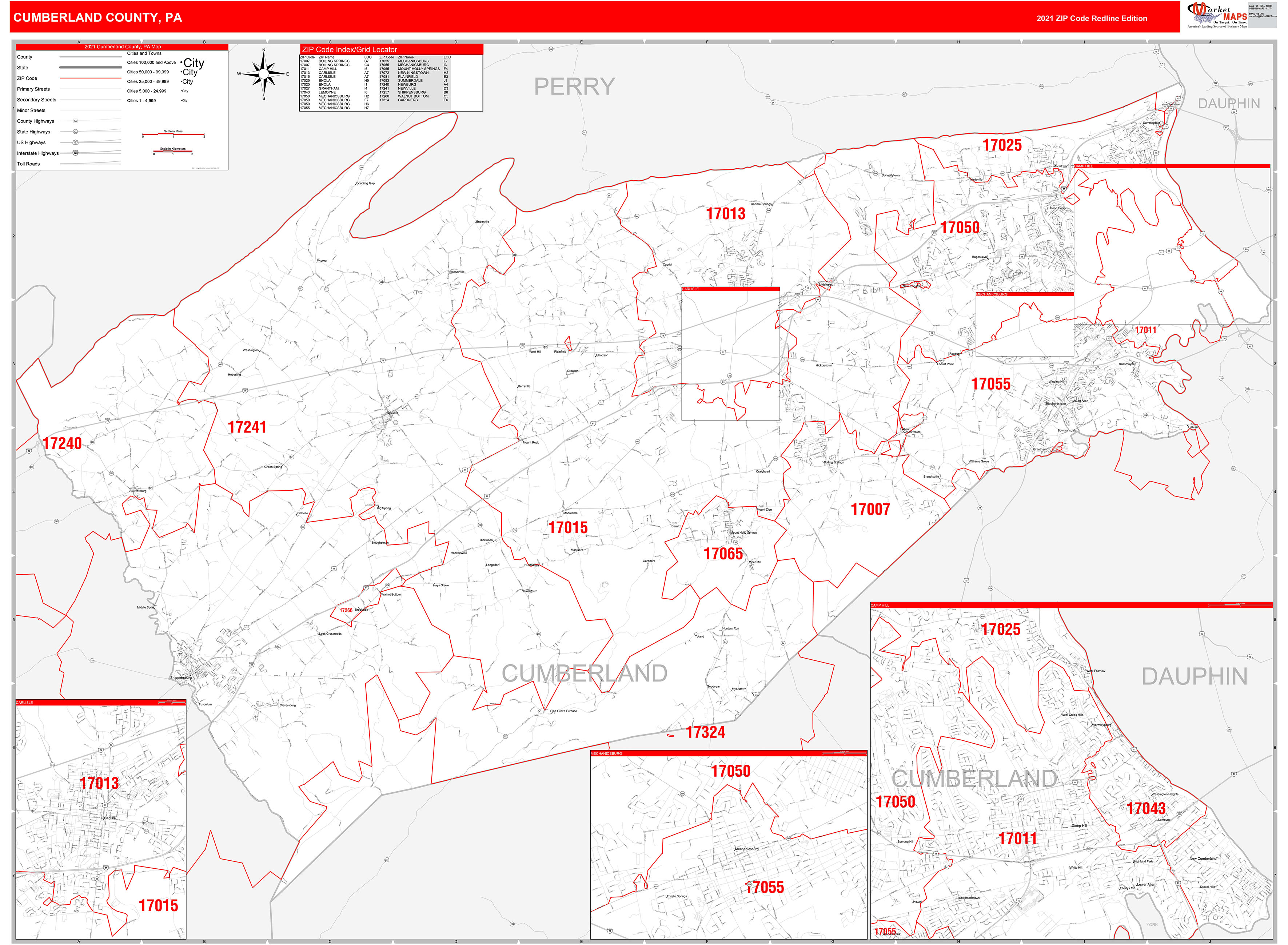 Cumberland County, PA Zip Code Wall Map Red Line Style by MarketMAPS