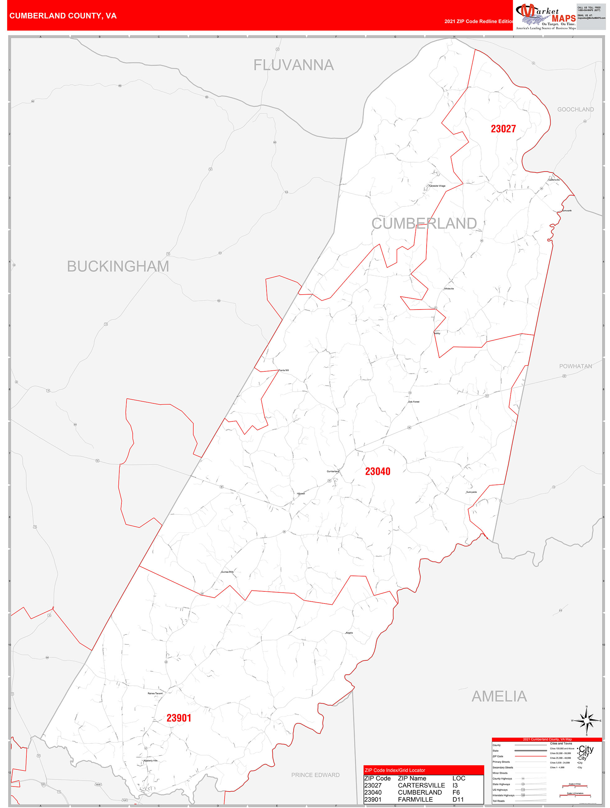 Cumberland County, VA Zip Code Wall Map Red Line Style by MarketMAPS