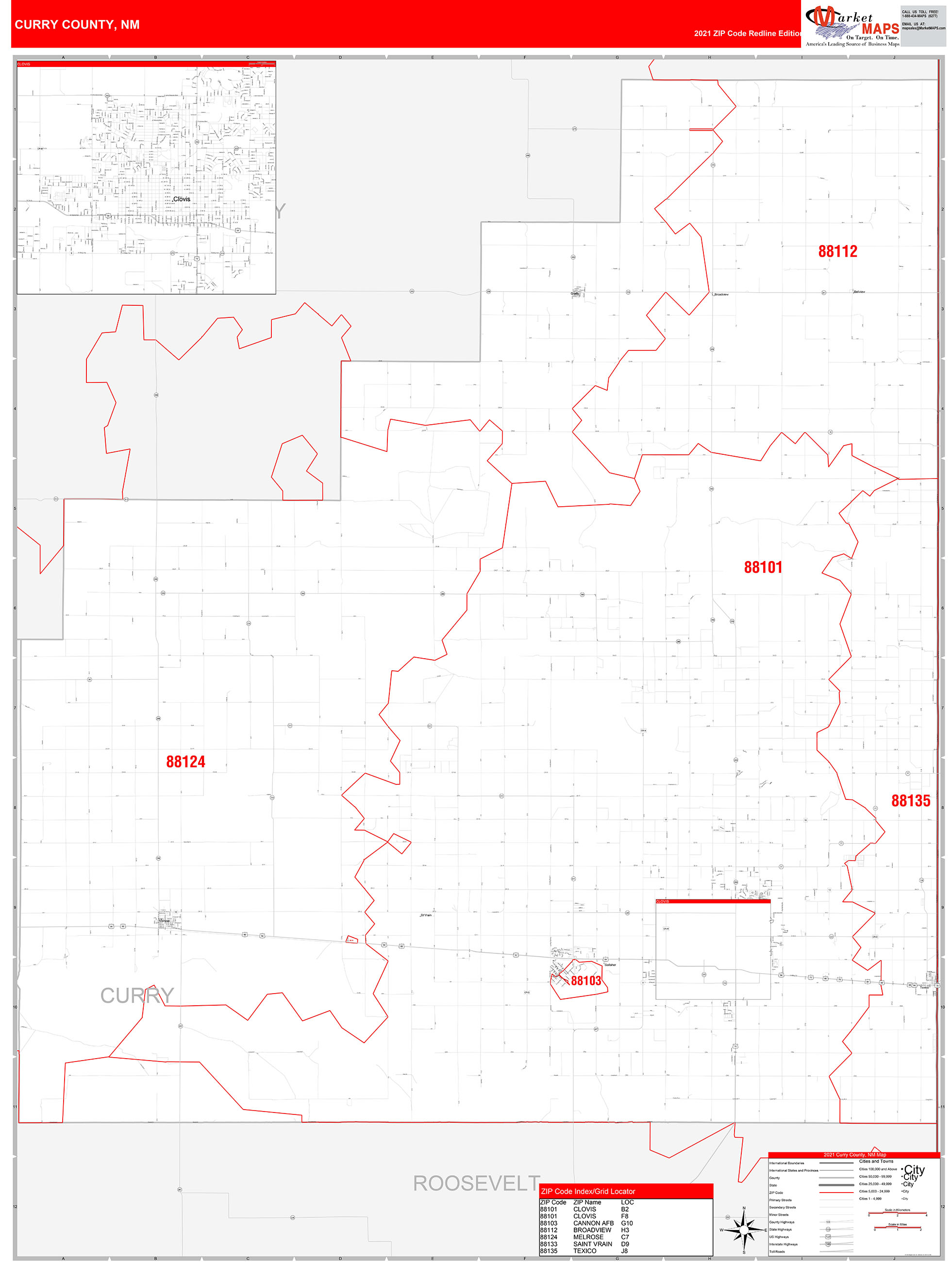 Curry County, NM Zip Code Wall Map Red Line Style by MarketMAPS