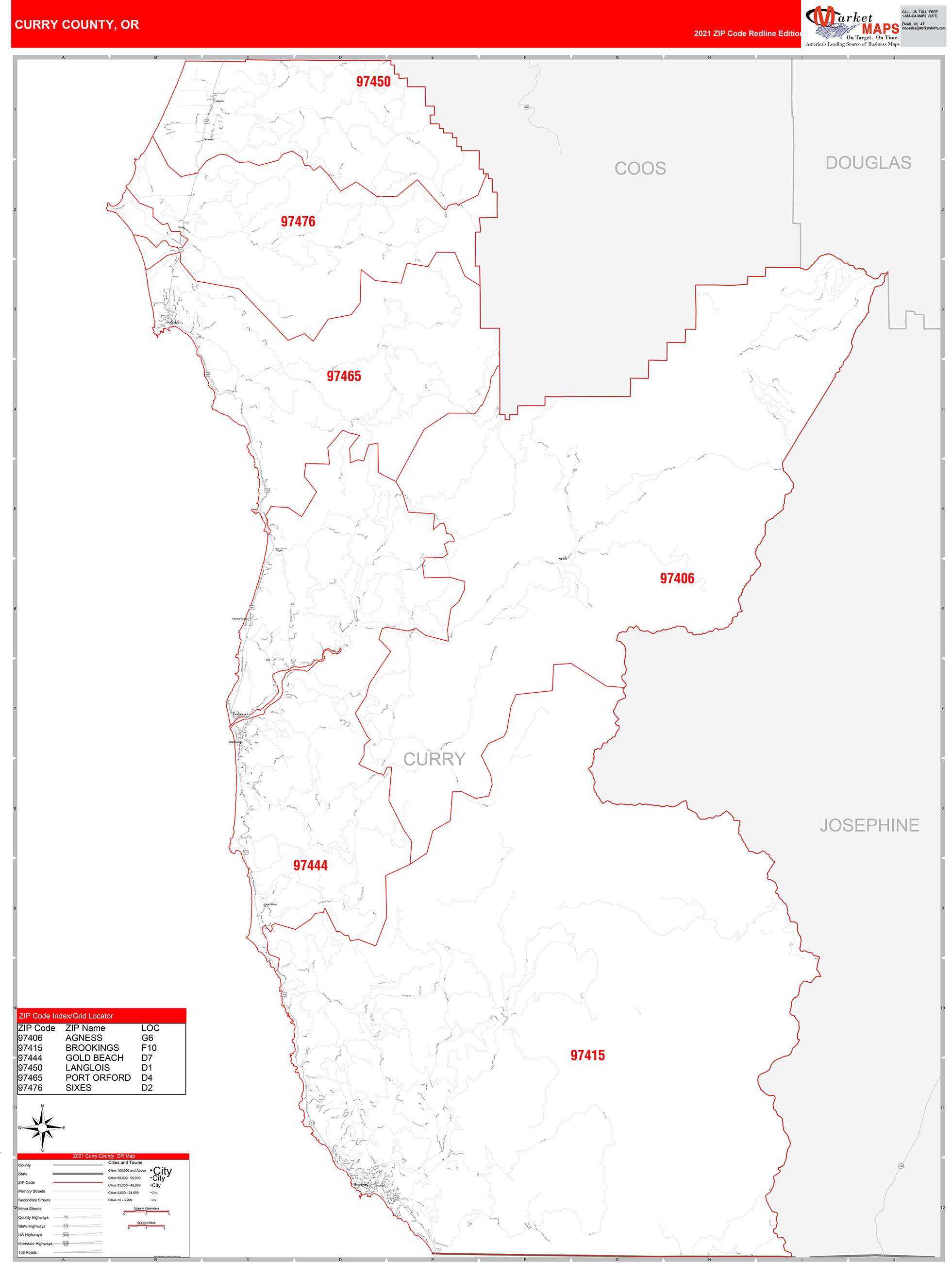 Curry County, OR Zip Code Wall Map Red Line Style by MarketMAPS