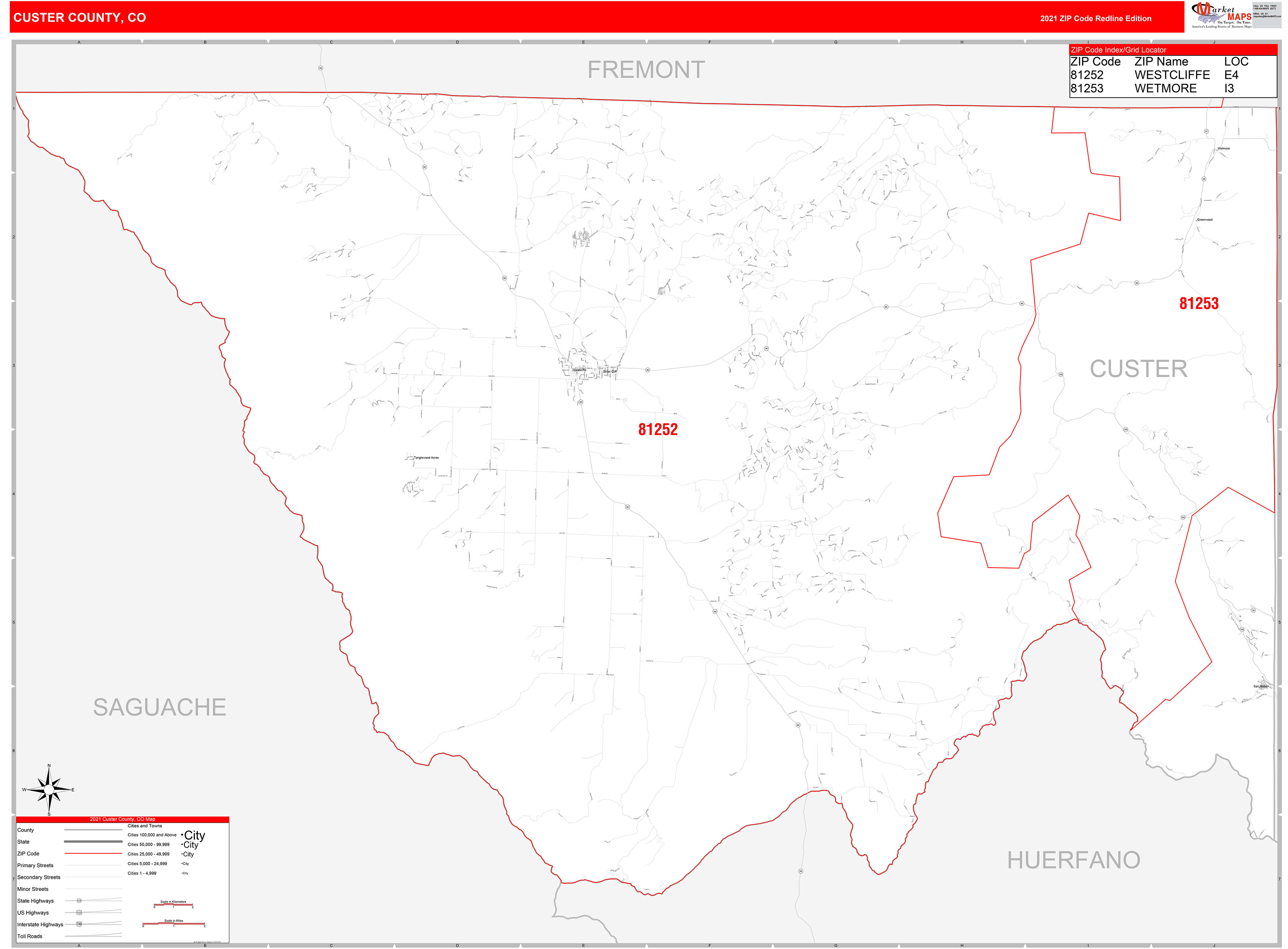 Custer County, CO Zip Code Wall Map Red Line Style by MarketMAPS