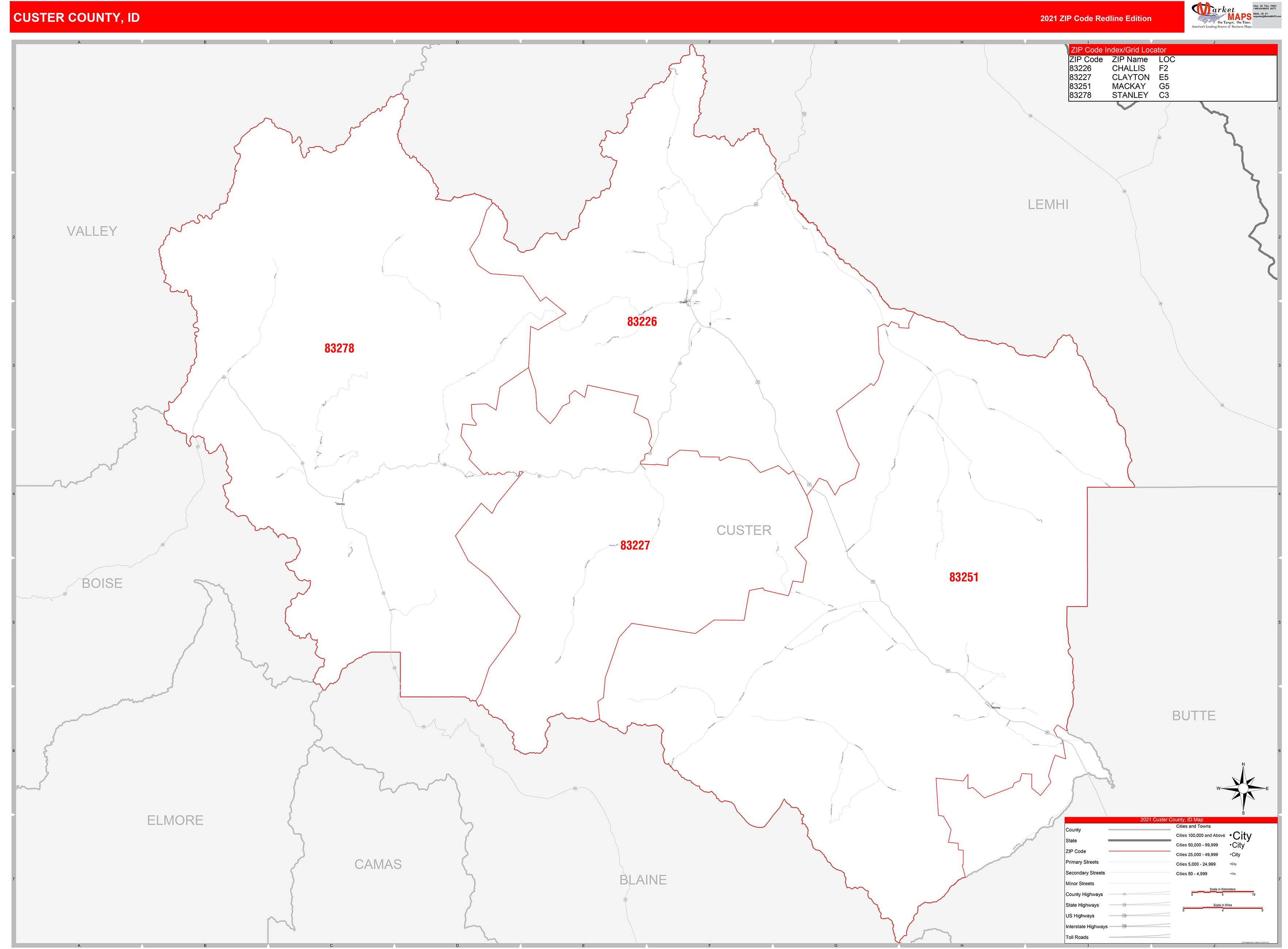Custer County, ID Zip Code Wall Map Red Line Style by MarketMAPS