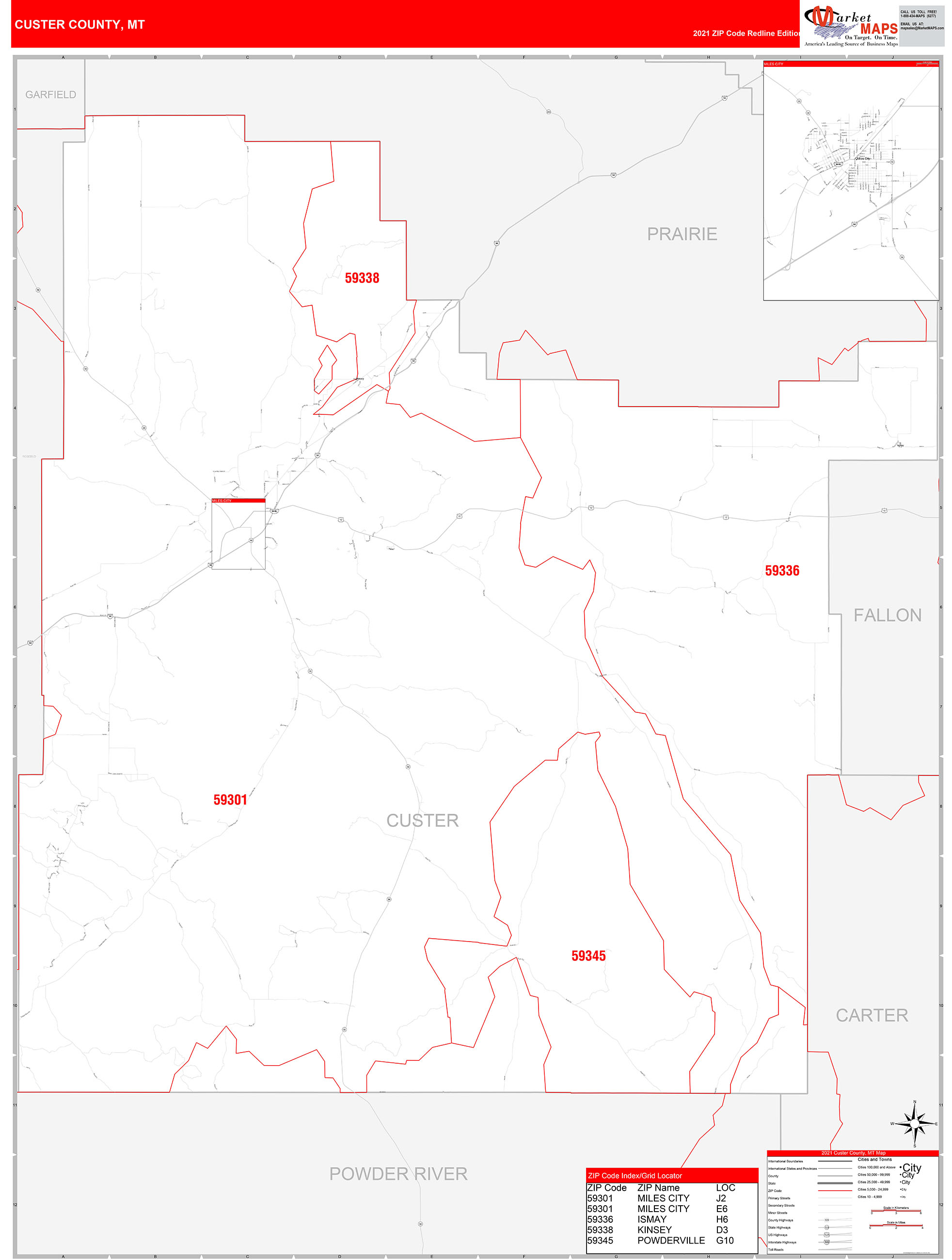 Custer County, MT Zip Code Wall Map Red Line Style by MarketMAPS