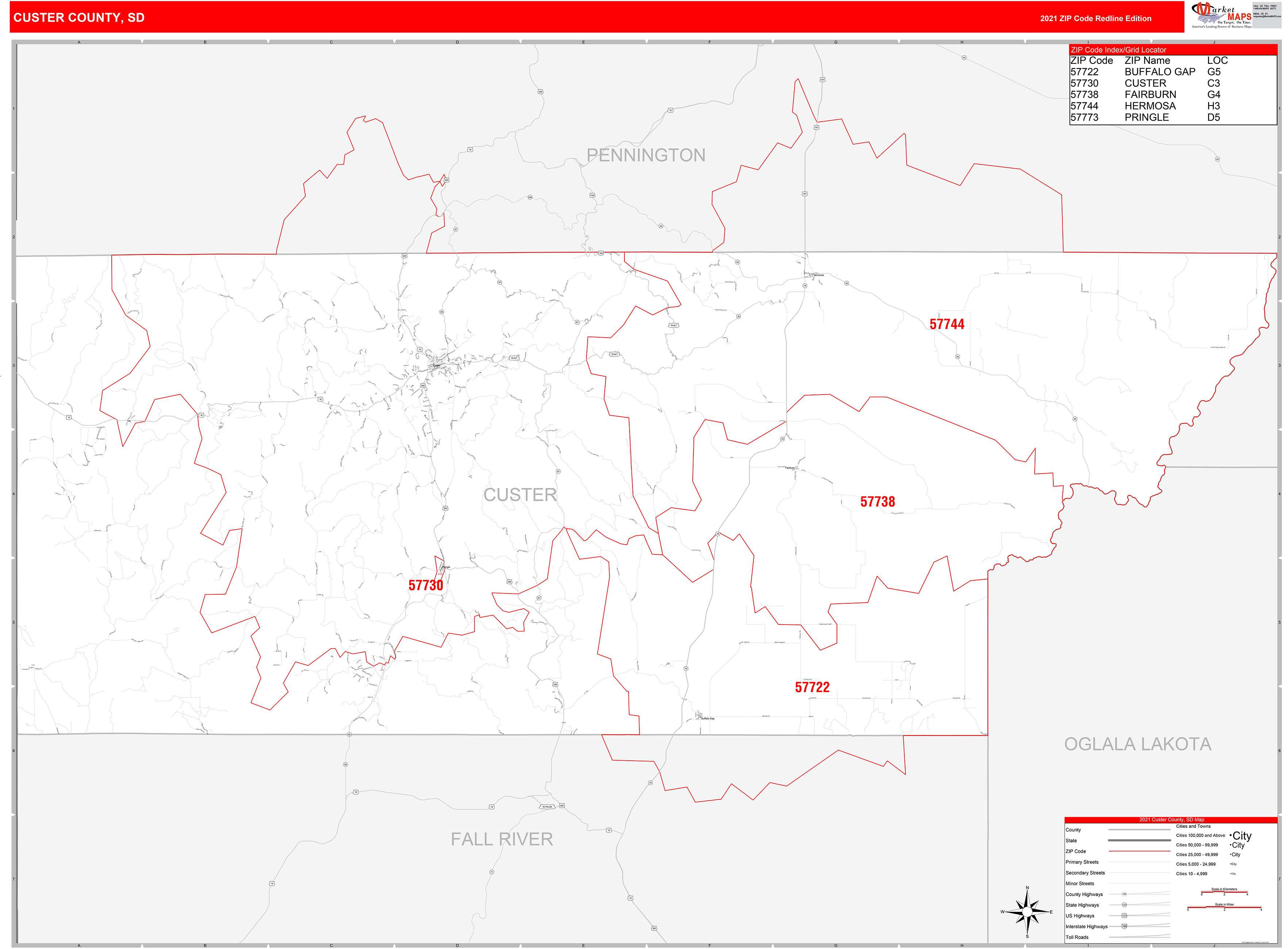 Custer County, SD Zip Code Wall Map Red Line Style by MarketMAPS MapSales