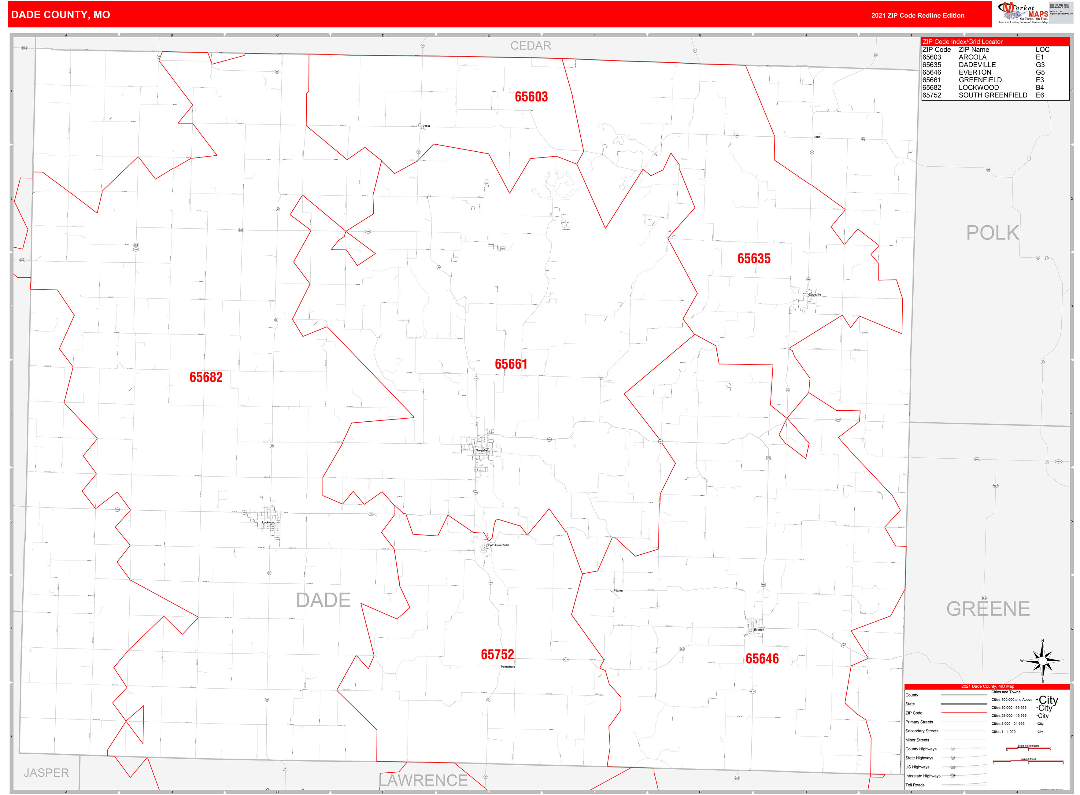 Dade County, MO Zip Code Wall Map Red Line Style by MarketMAPS