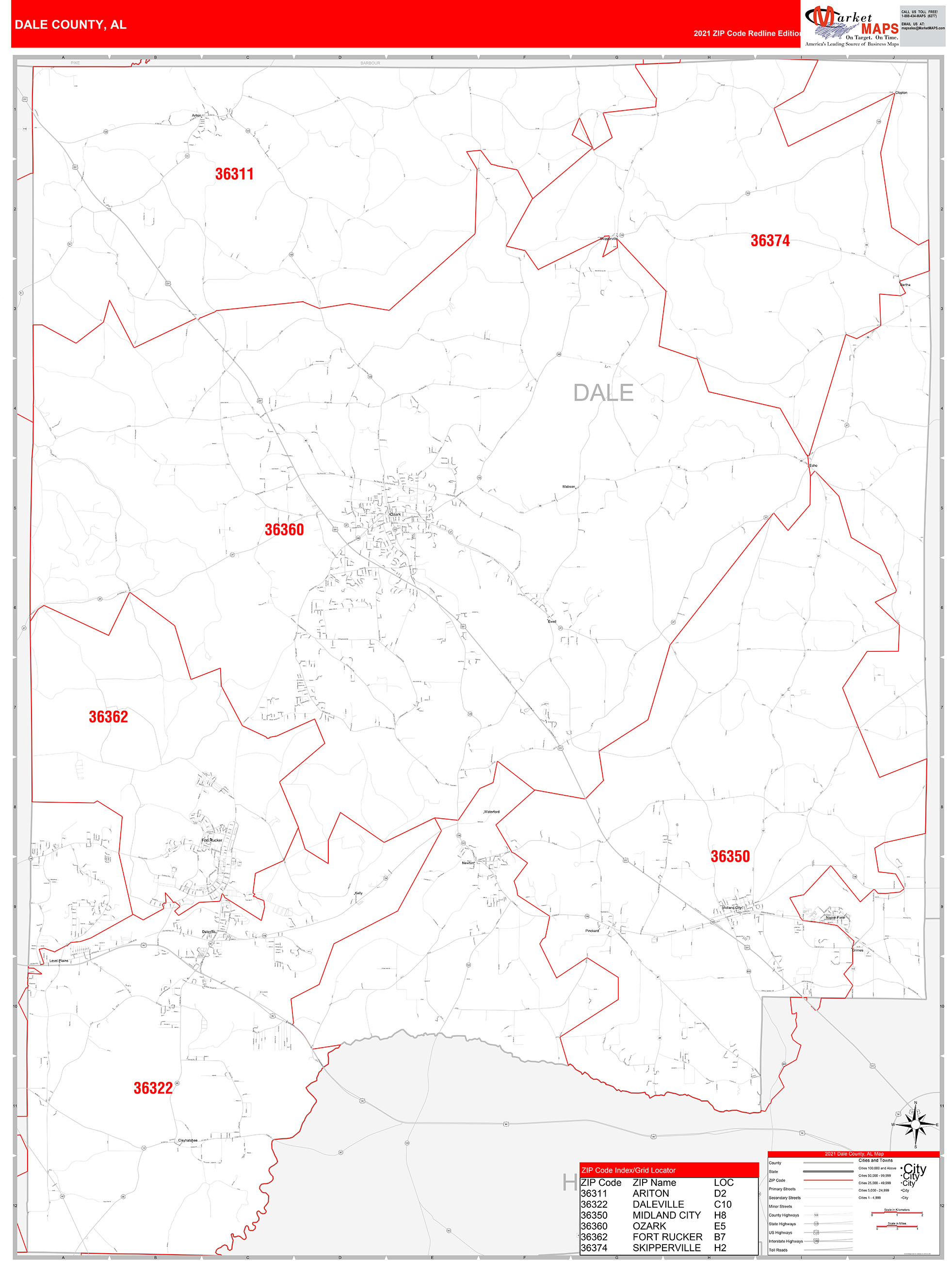 Dale County, AL Zip Code Wall Map Red Line Style by MarketMAPS
