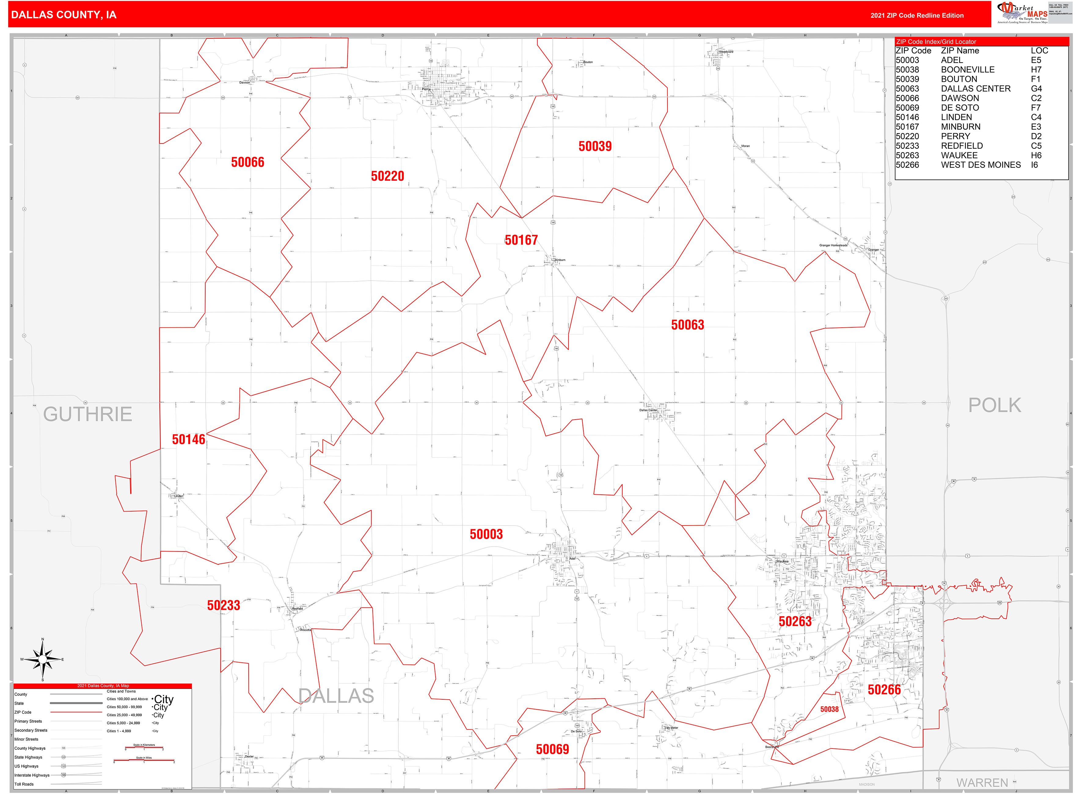 Dallas County, IA Zip Code Wall Map Red Line Style by MarketMAPS