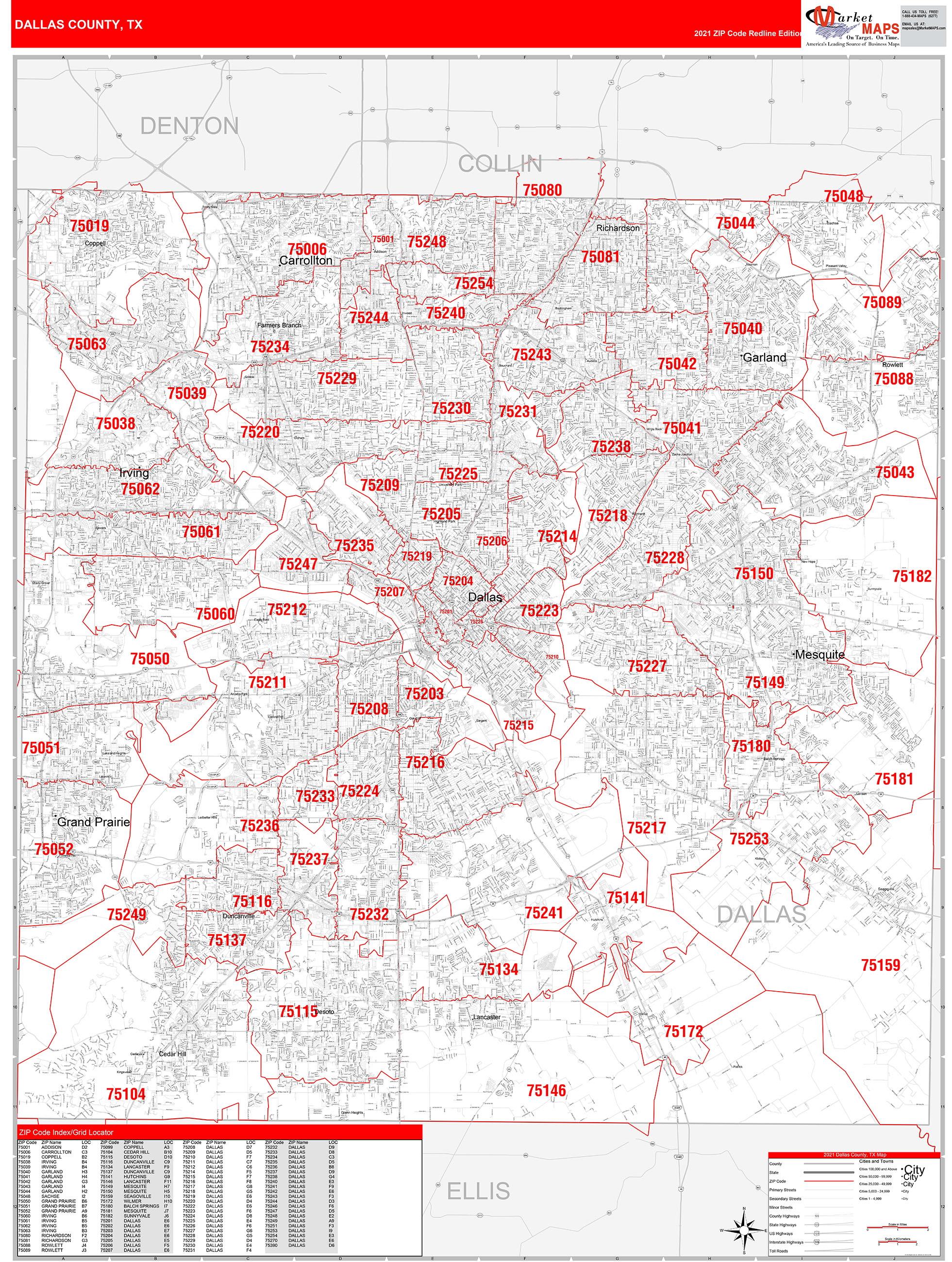 Dallas County, TX Zip Code Wall Map Red Line Style by MarketMAPS