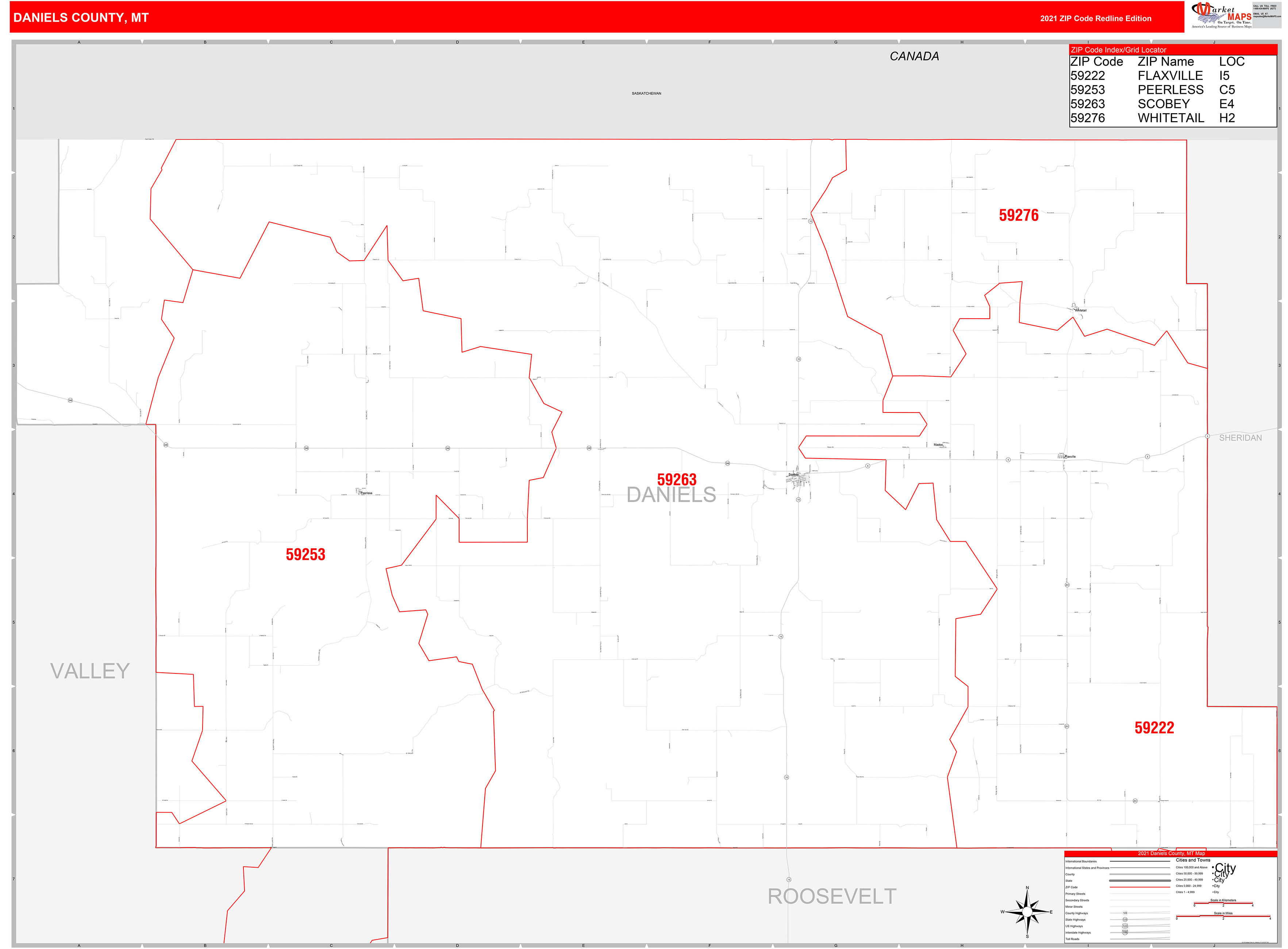 Daniels County, MT Zip Code Wall Map Red Line Style by MarketMAPS