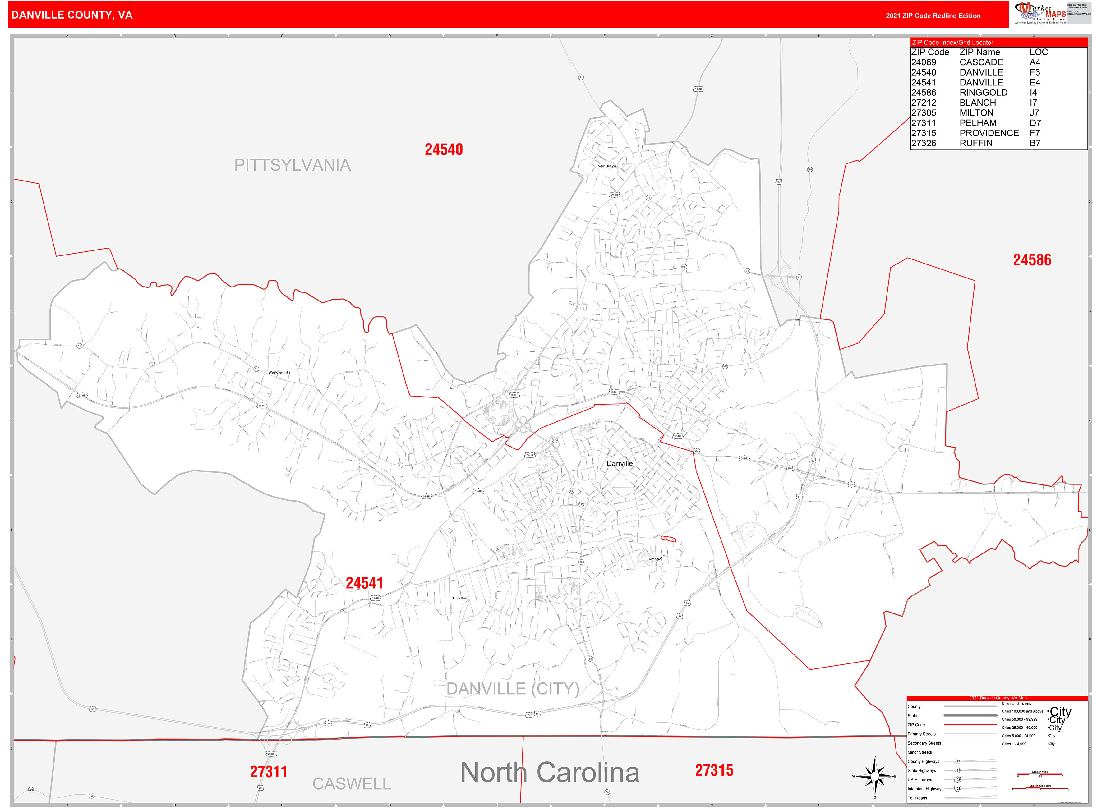Danville County, VA Zip Code Wall Map Red Line Style by MarketMAPS