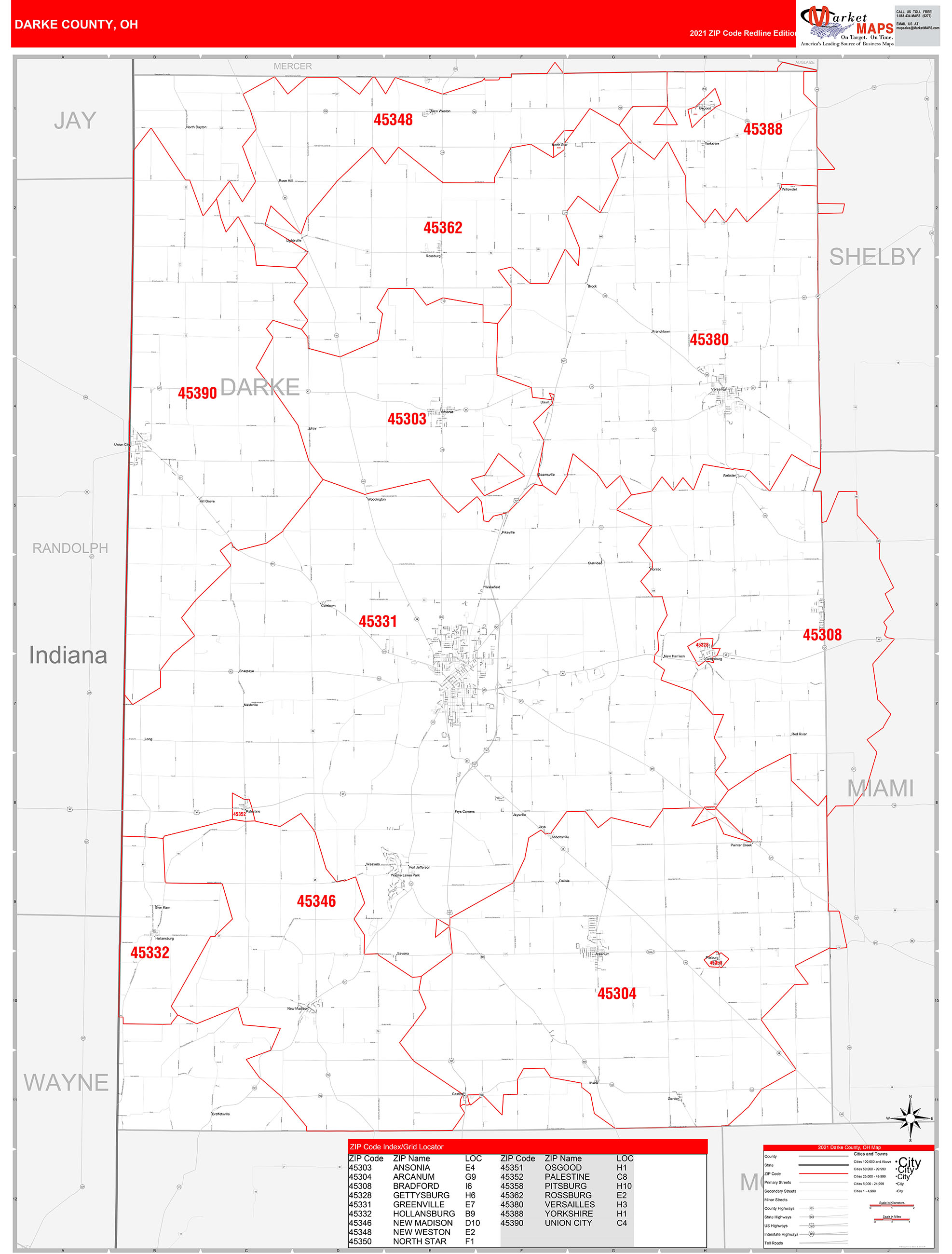 Darke County, OH Zip Code Wall Map Red Line Style by MarketMAPS MapSales