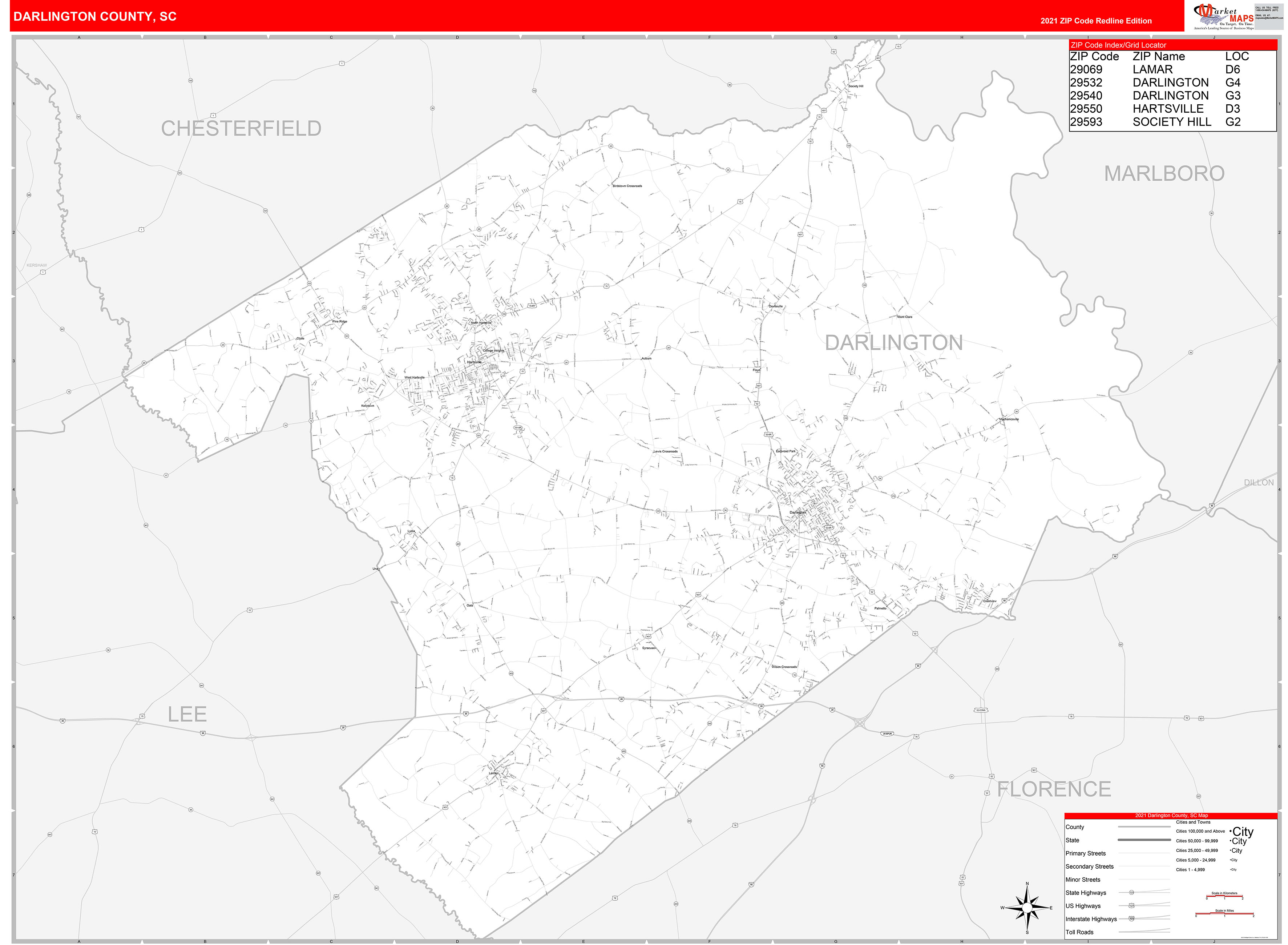 Darlington County, SC Zip Code Wall Map Red Line Style by MarketMAPS