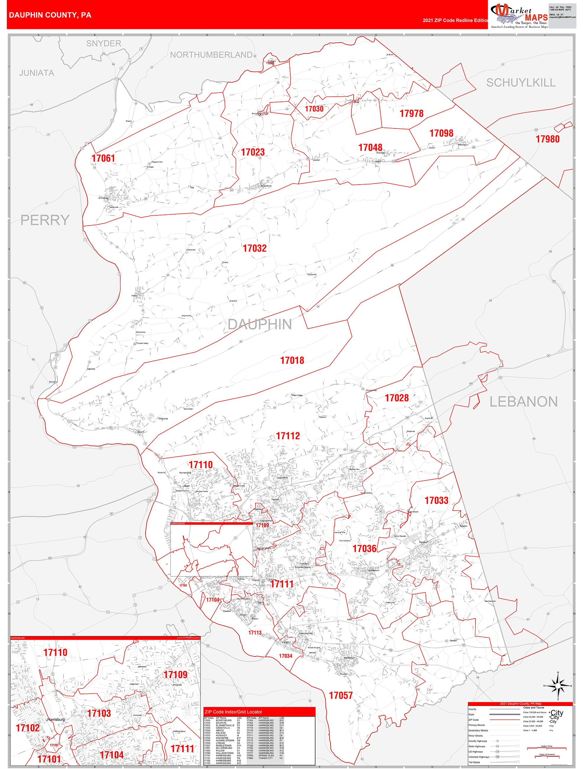 Dauphin County, PA Zip Code Wall Map Red Line Style by MarketMAPS