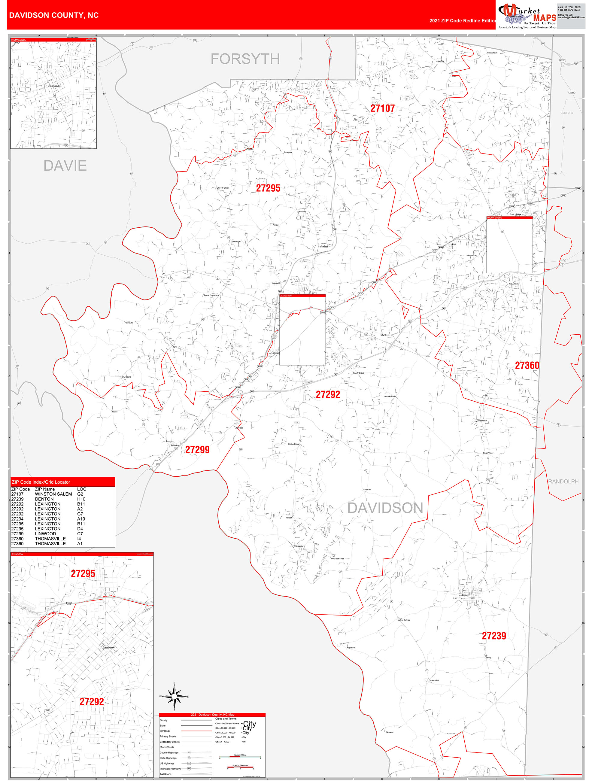 Davidson County, NC Zip Code Wall Map Red Line Style by MarketMAPS