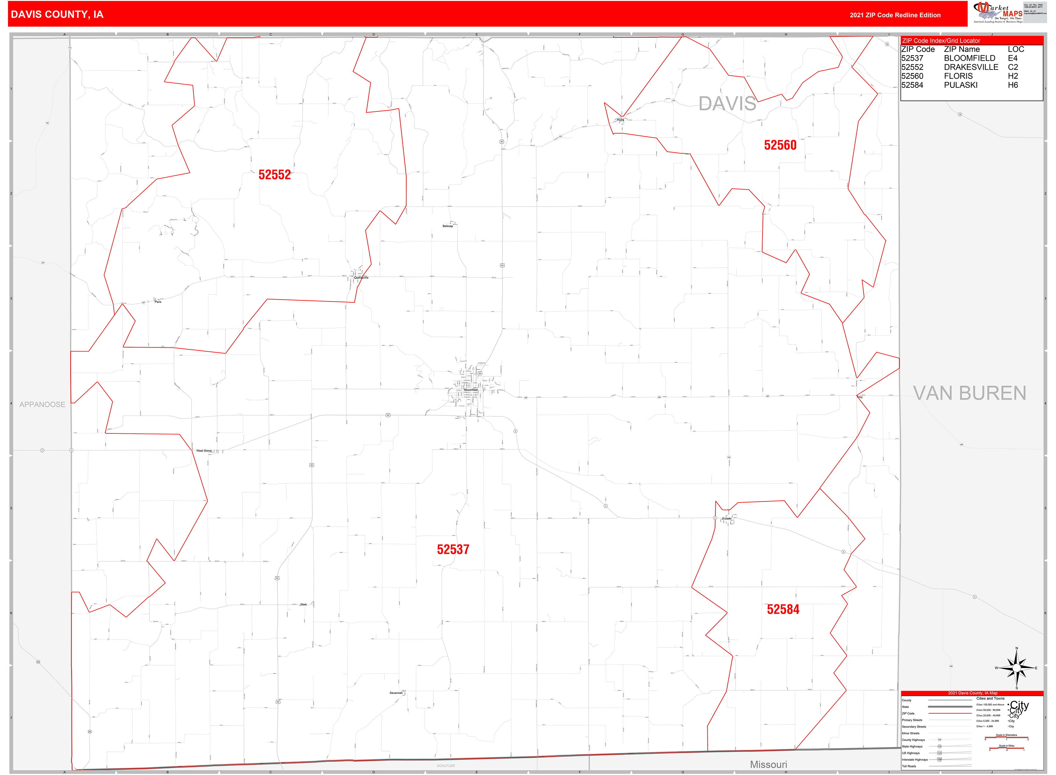 Davis County, IA Zip Code Wall Map Red Line Style by MarketMAPS