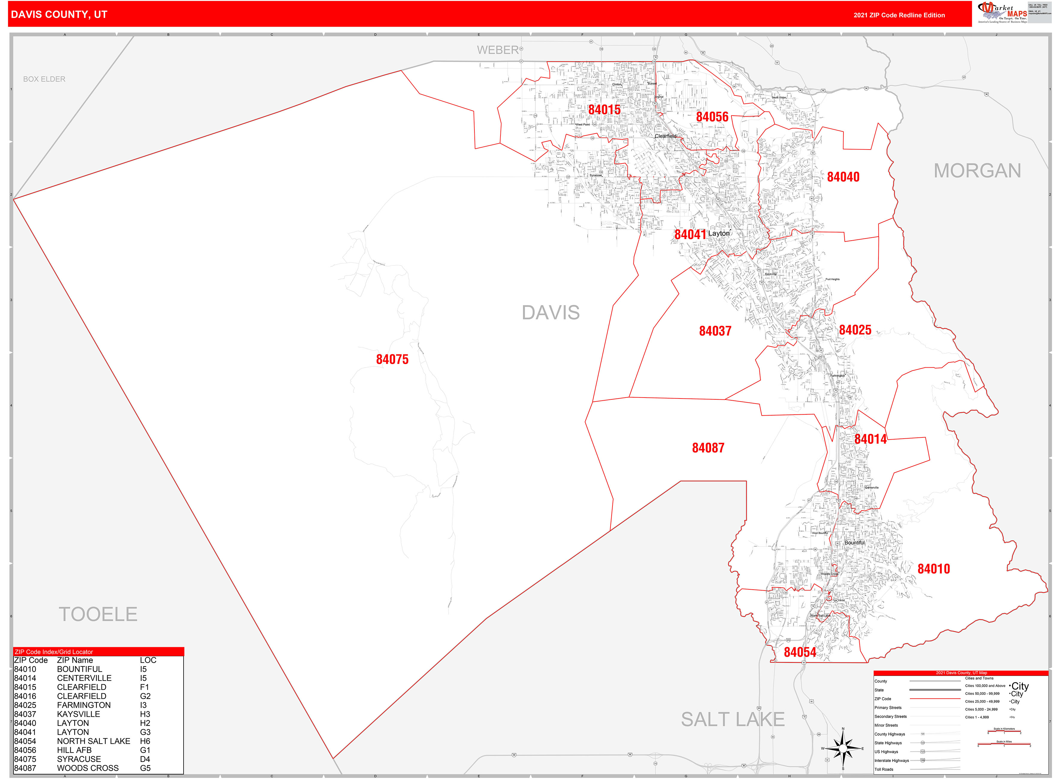 Davis County, UT Zip Code Wall Map Red Line Style by MarketMAPS MapSales