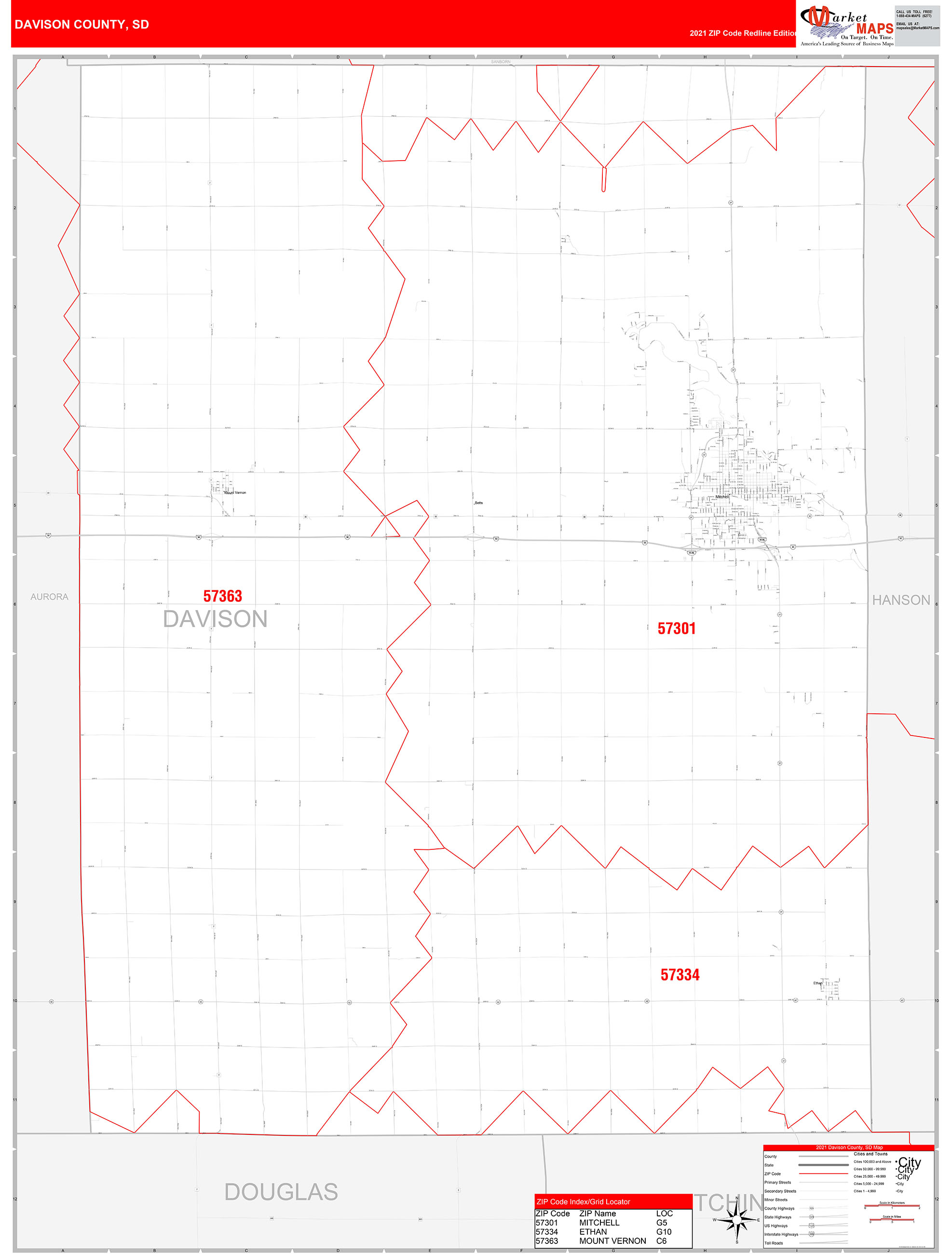 Davison County, SD Zip Code Wall Map Red Line Style by MarketMAPS