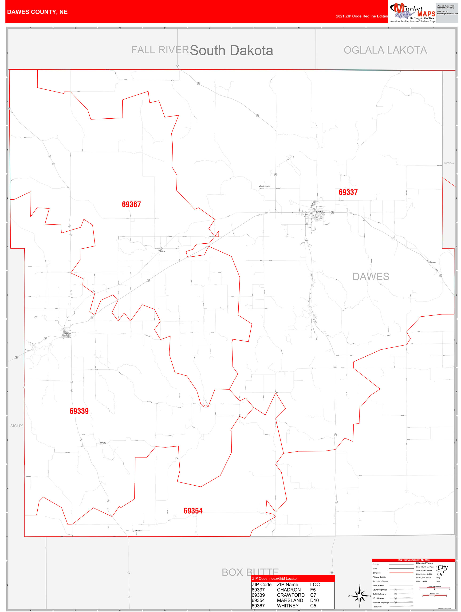 Dawes County, NE Zip Code Wall Map Red Line Style by MarketMAPS