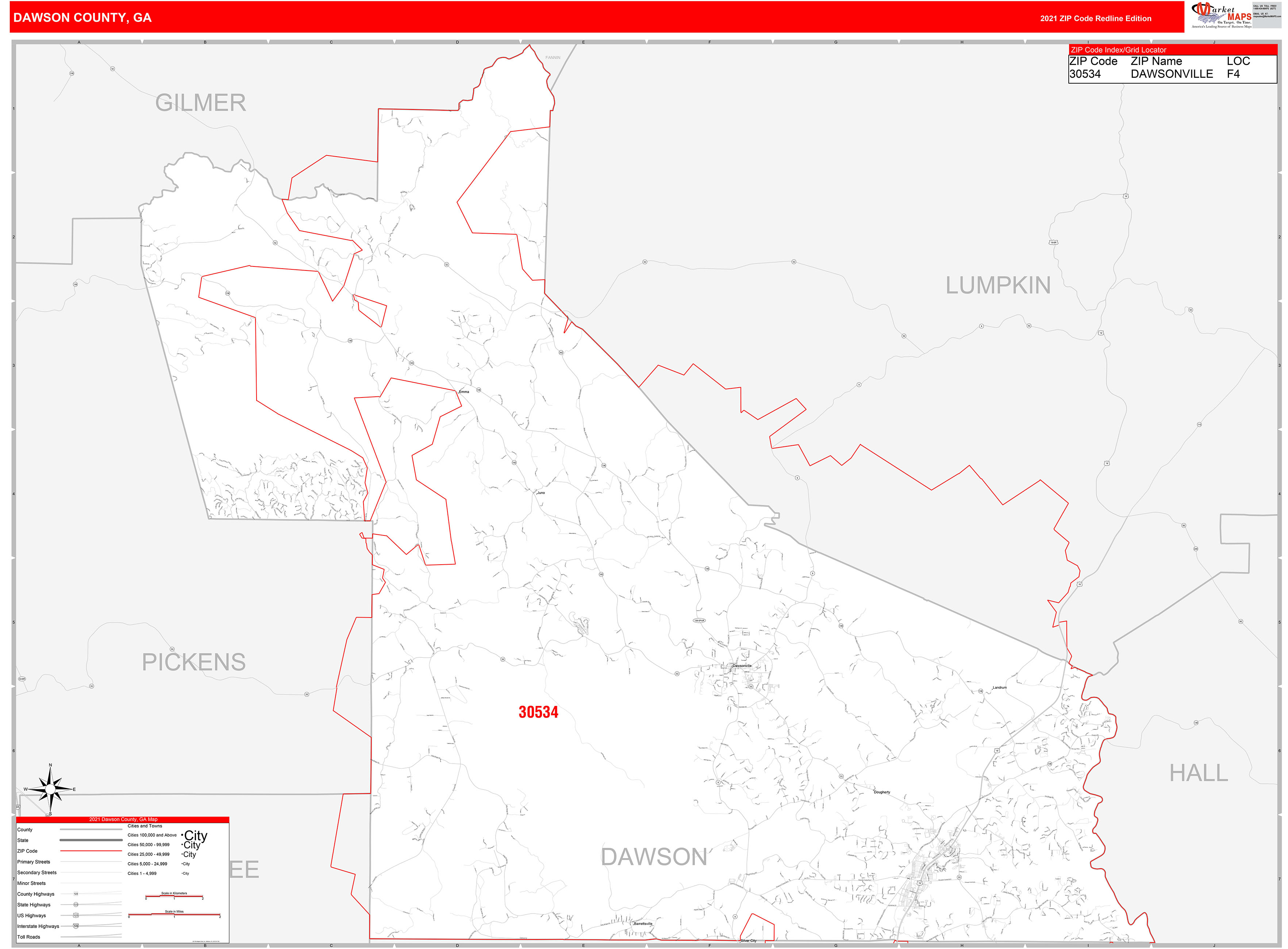 Dawson County, GA Zip Code Wall Map Red Line Style by MarketMAPS MapSales