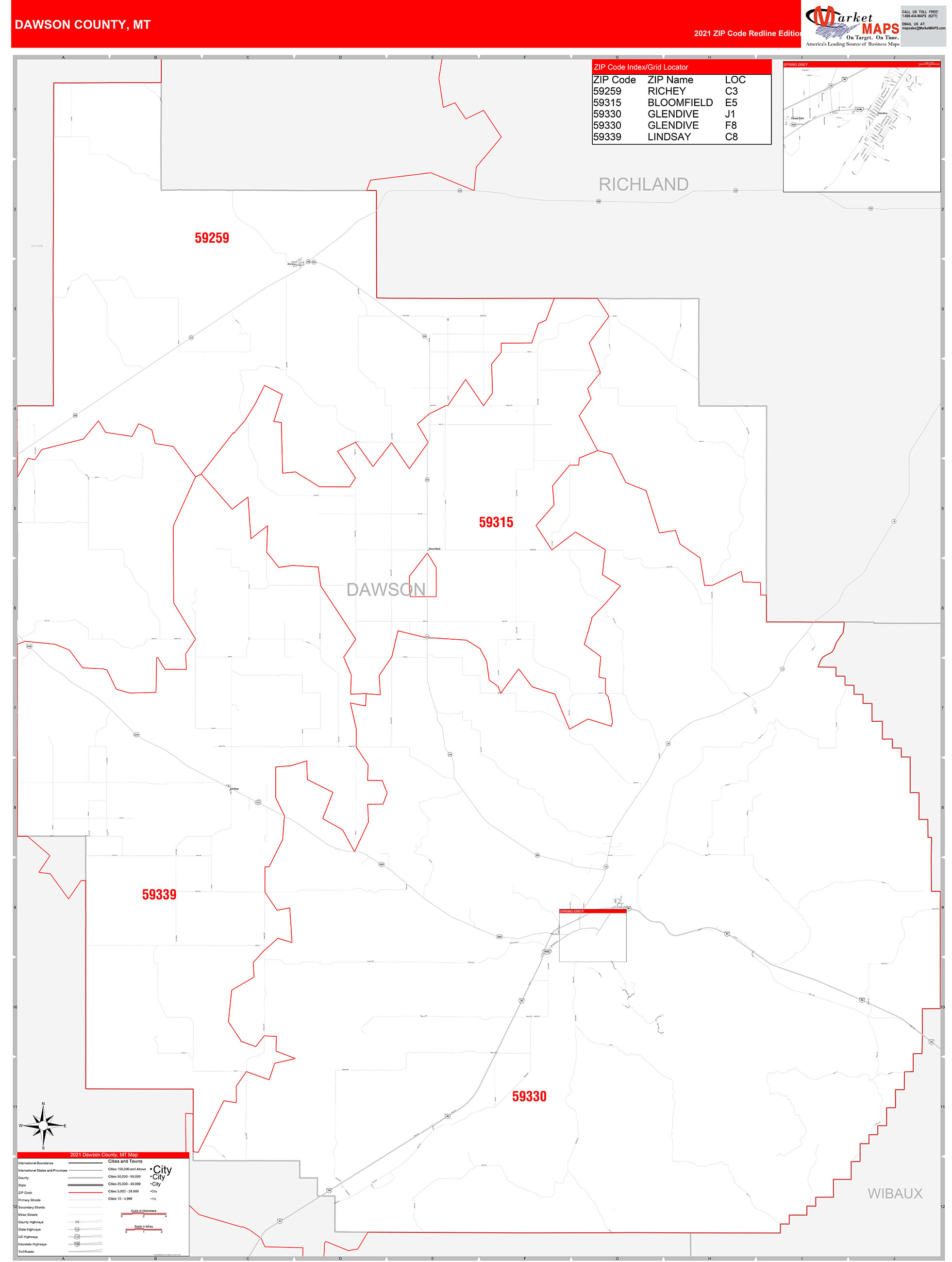 Dawson County, MT Zip Code Wall Map Red Line Style by MarketMAPS