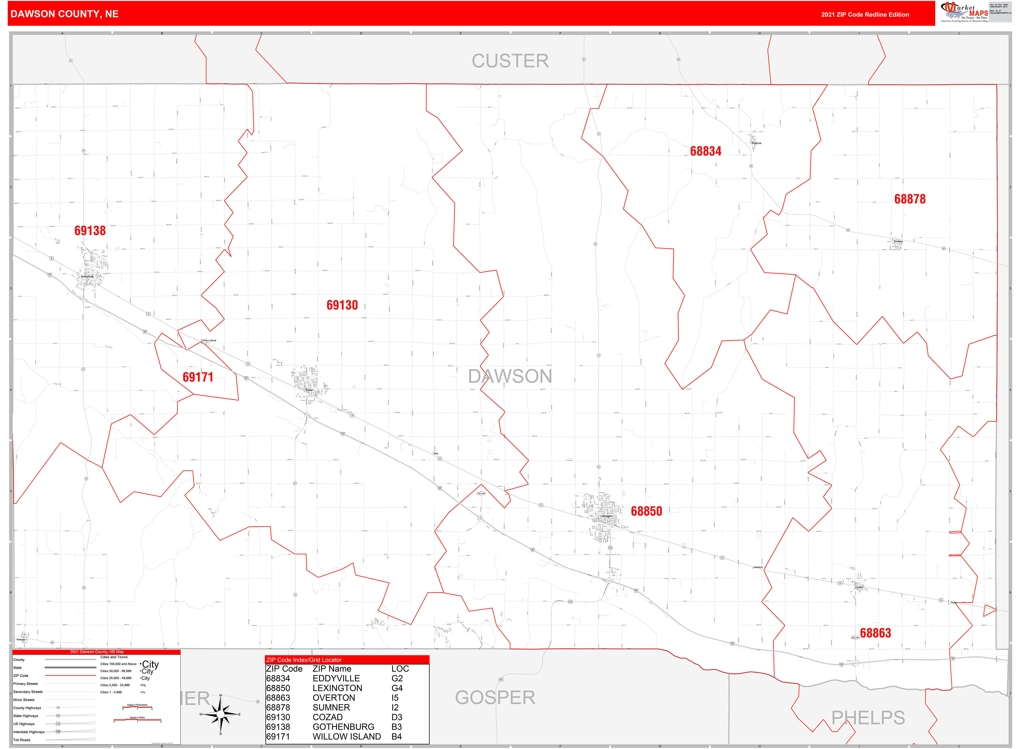Dawson County, NE Zip Code Wall Map Red Line Style by MarketMAPS