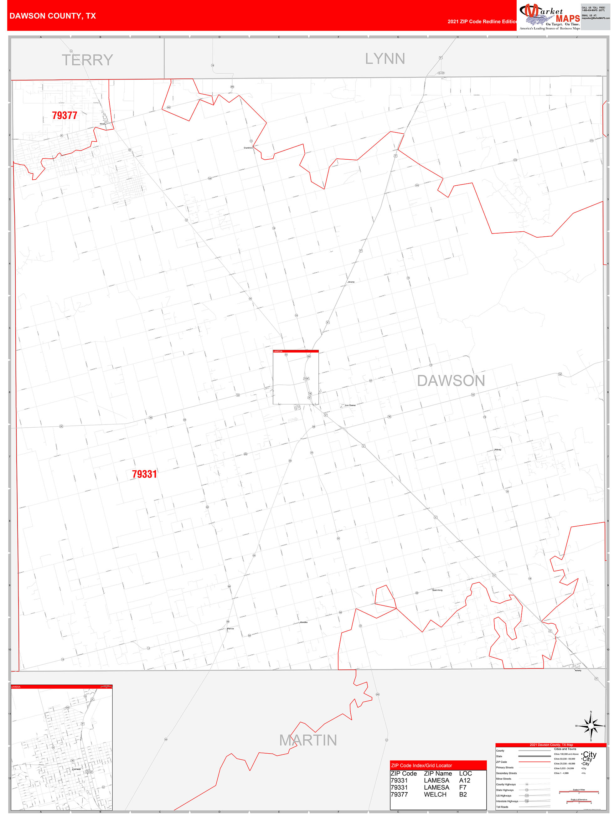 Dawson County, TX Zip Code Wall Map Red Line Style by MarketMAPS MapSales