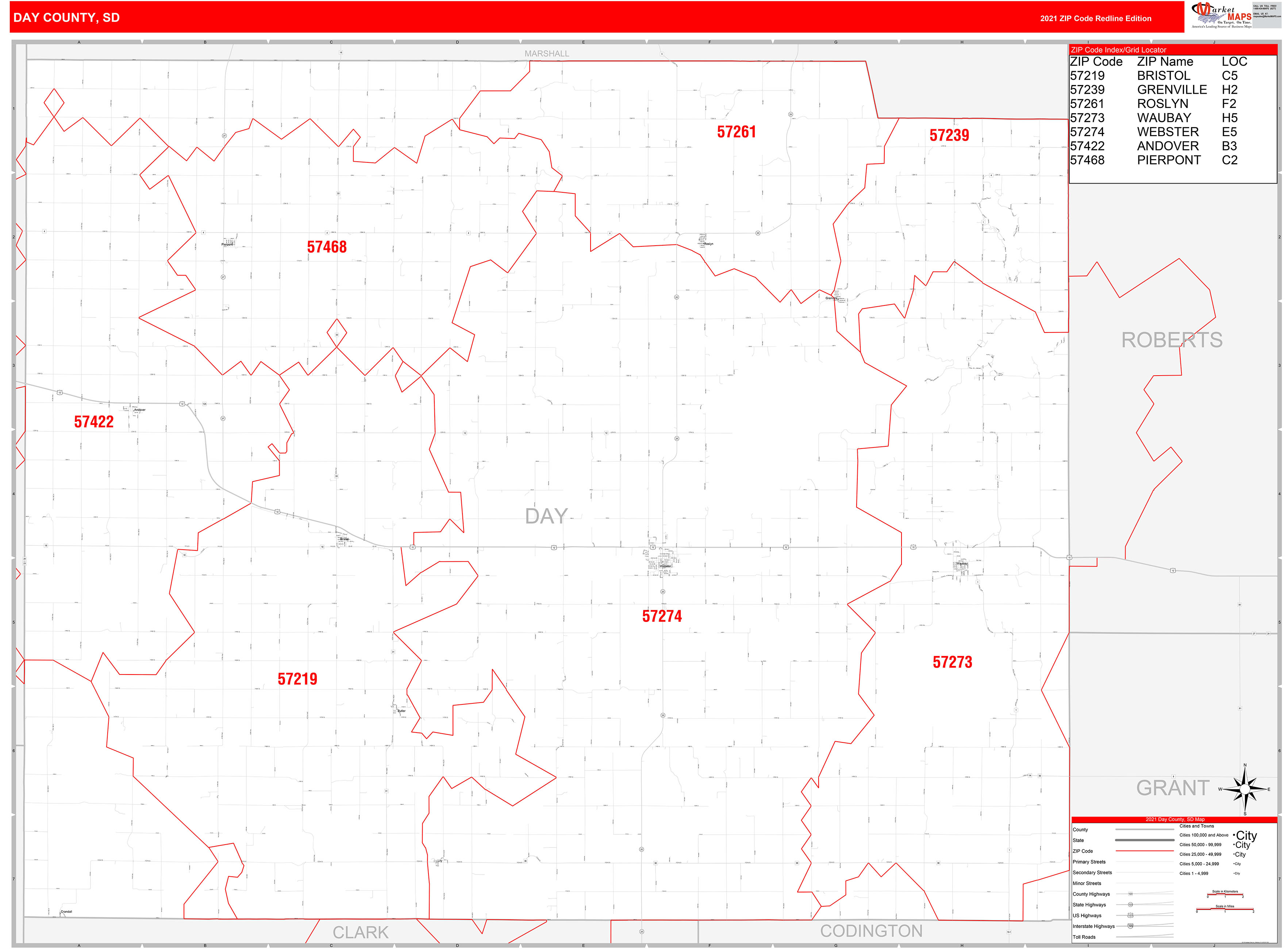 Day County, SD Zip Code Wall Map Red Line Style by MarketMAPS MapSales