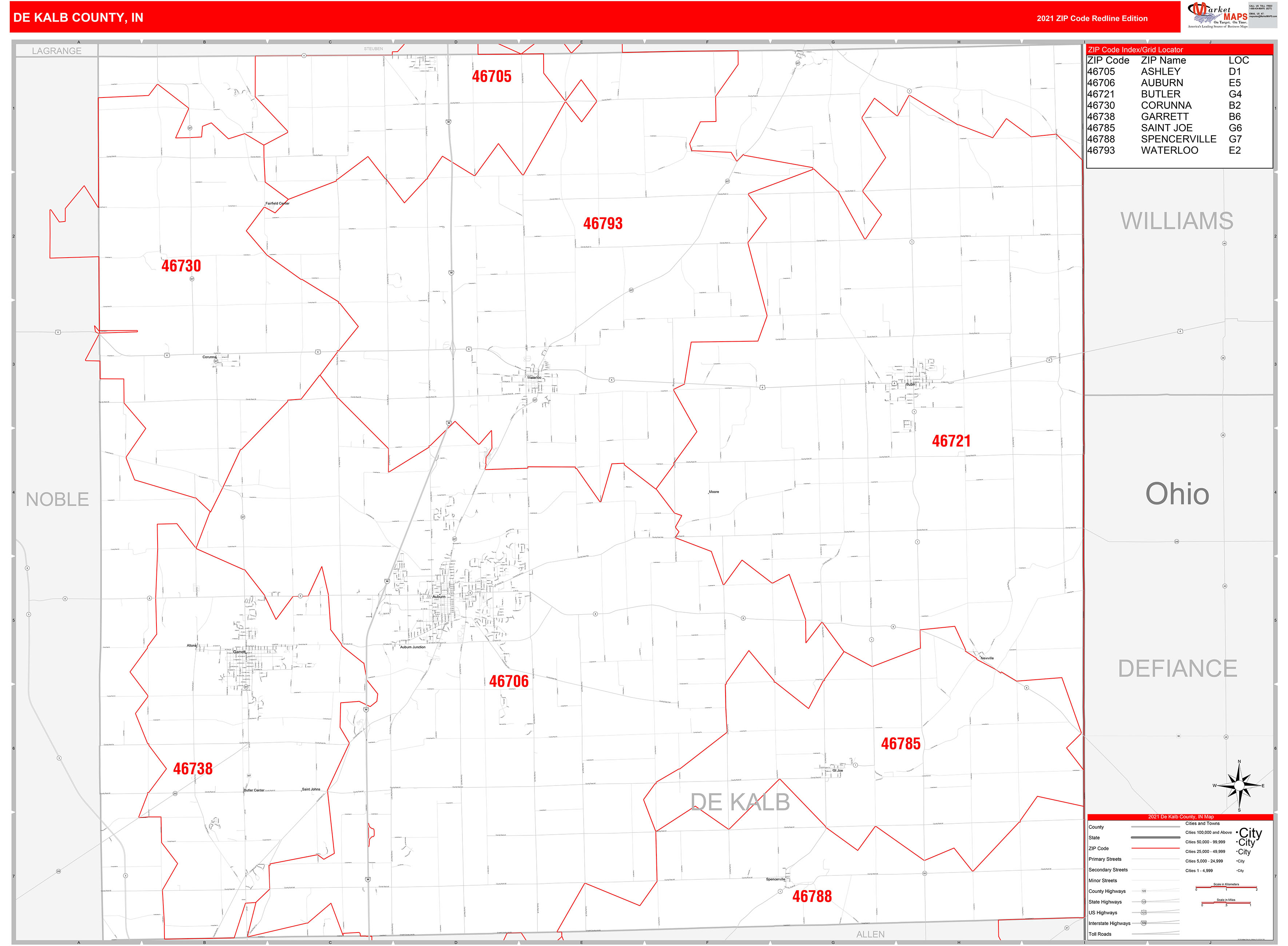 DeKalb County, IN Zip Code Wall Map Red Line Style by MarketMAPS MapSales