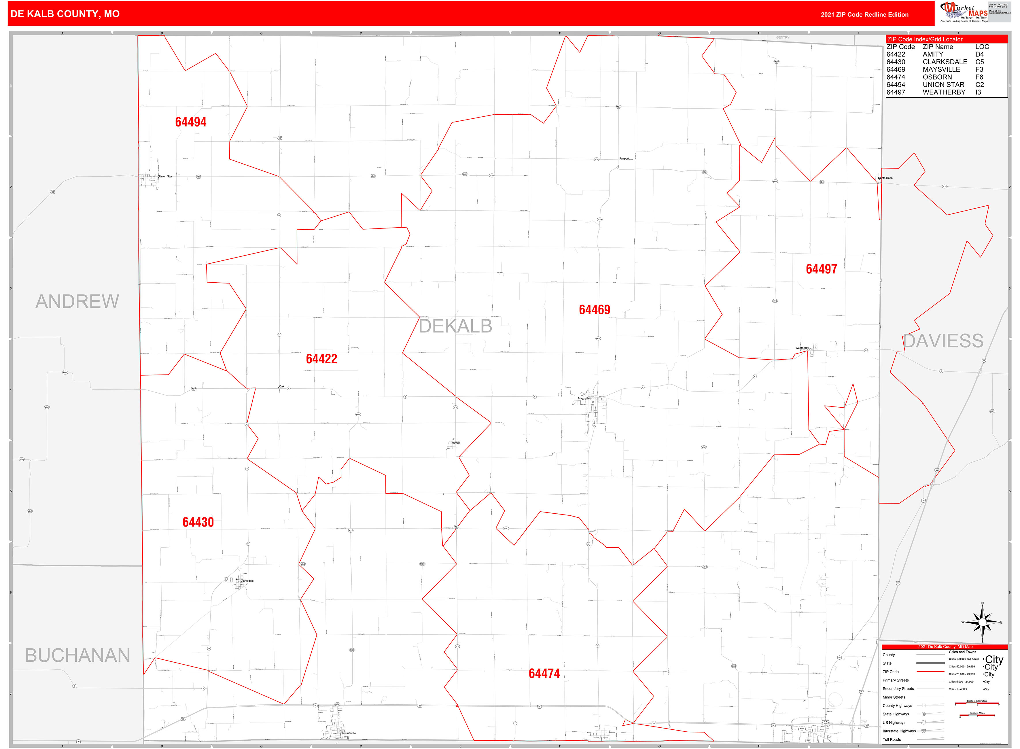 DeKalb County, MO Zip Code Wall Map Red Line Style by MarketMAPS