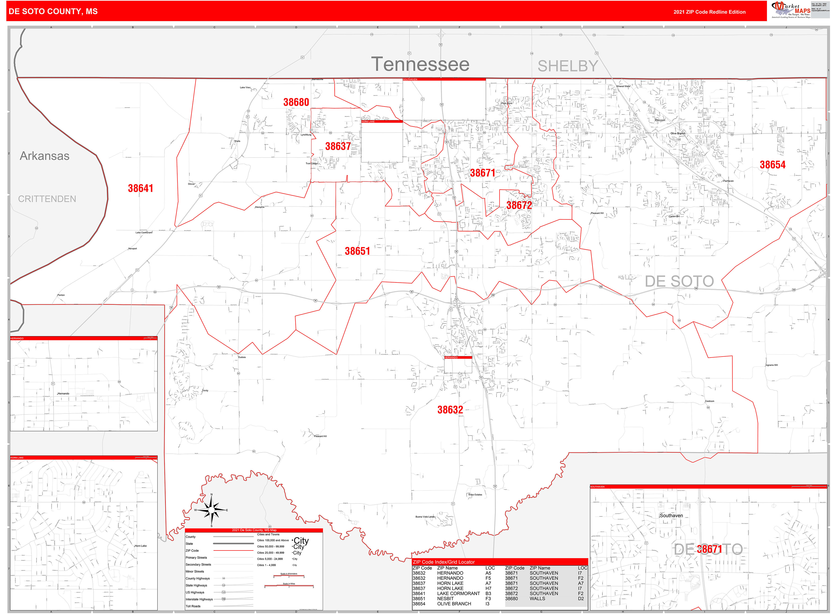 DeSoto County, MS Zip Code Wall Map Red Line Style by MarketMAPS MapSales