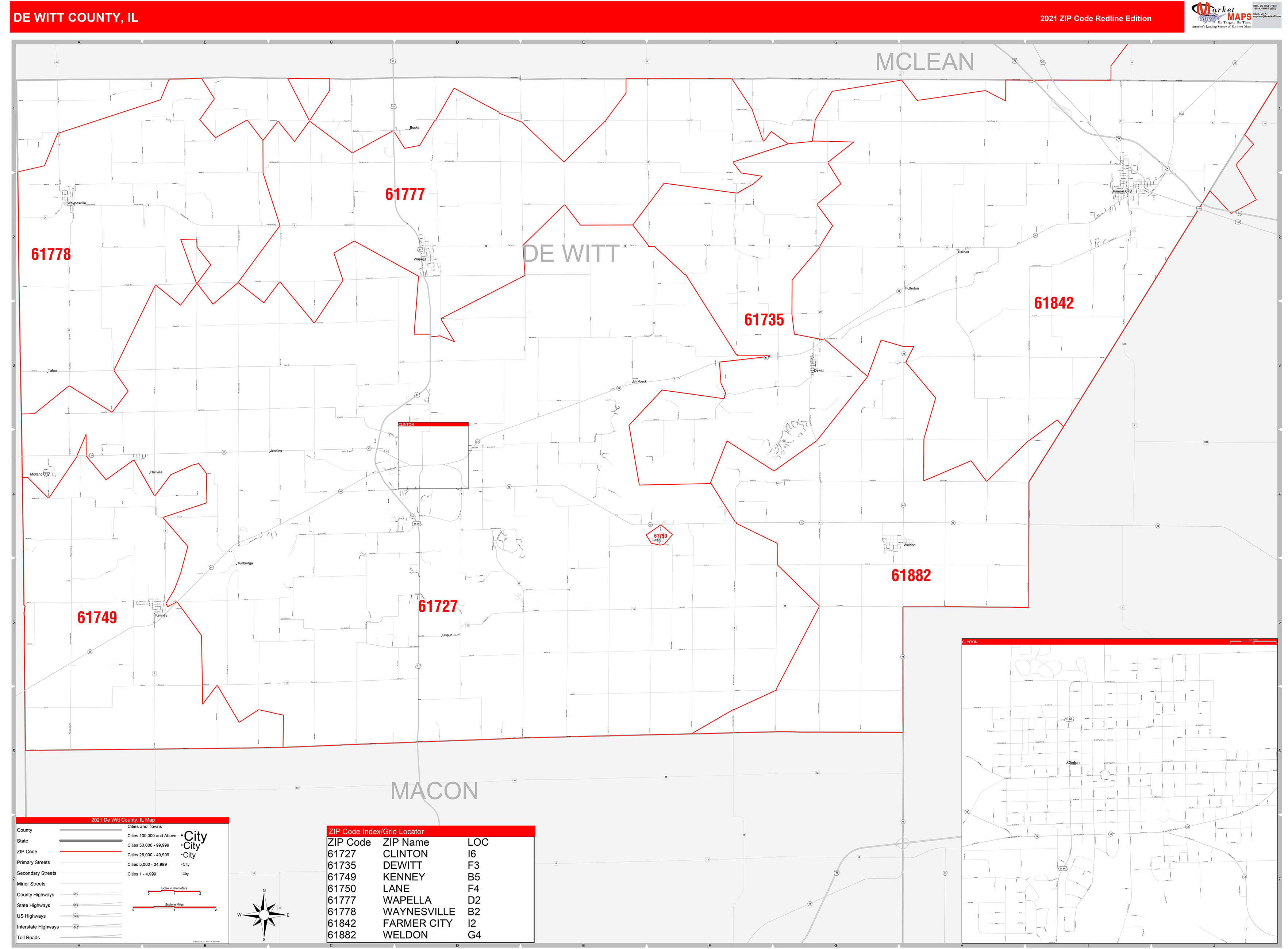 De Witt County, IL Zip Code Wall Map Red Line Style by MarketMAPS