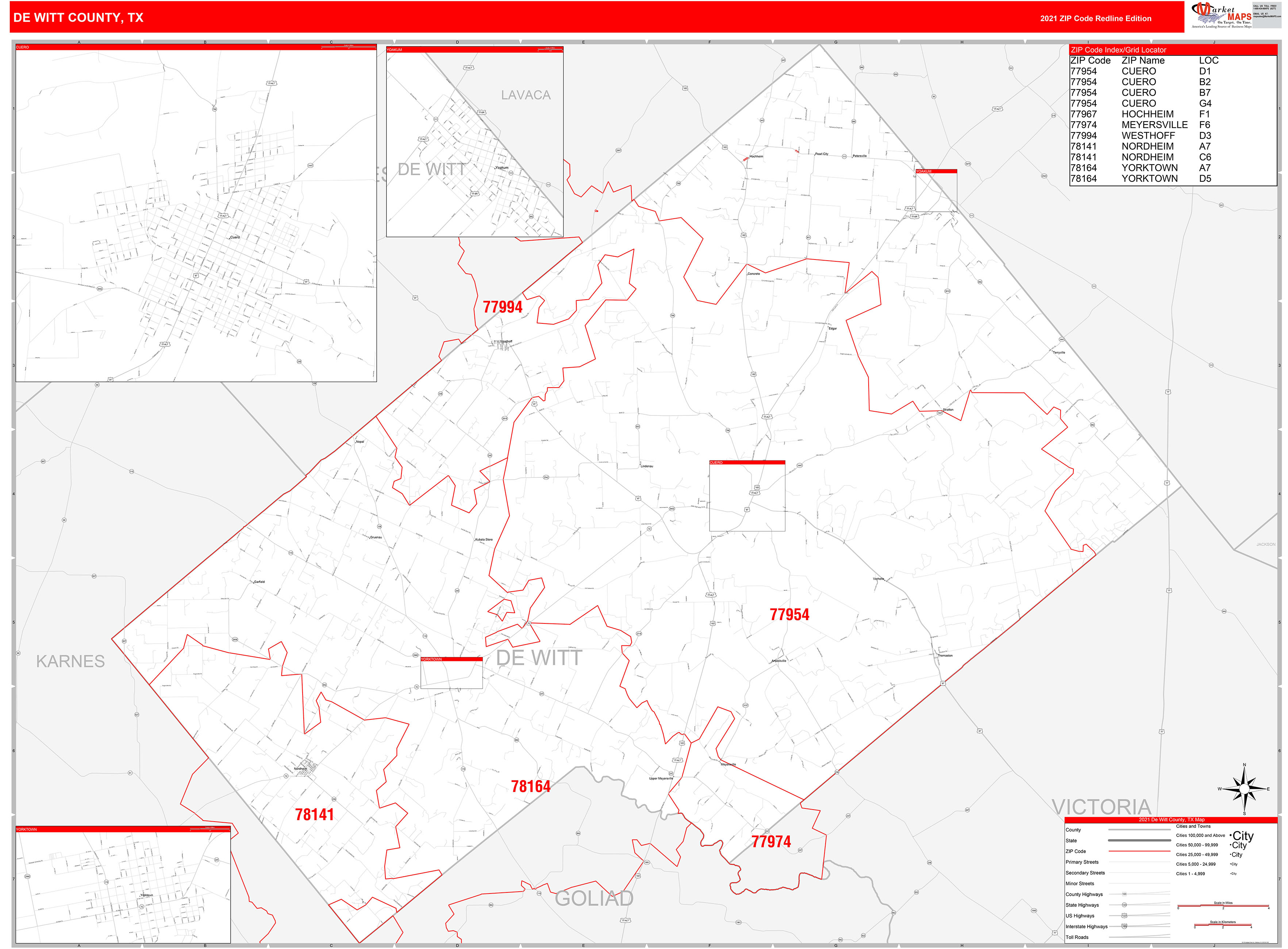 DeWitt County, TX Zip Code Wall Map Red Line Style by MarketMAPS