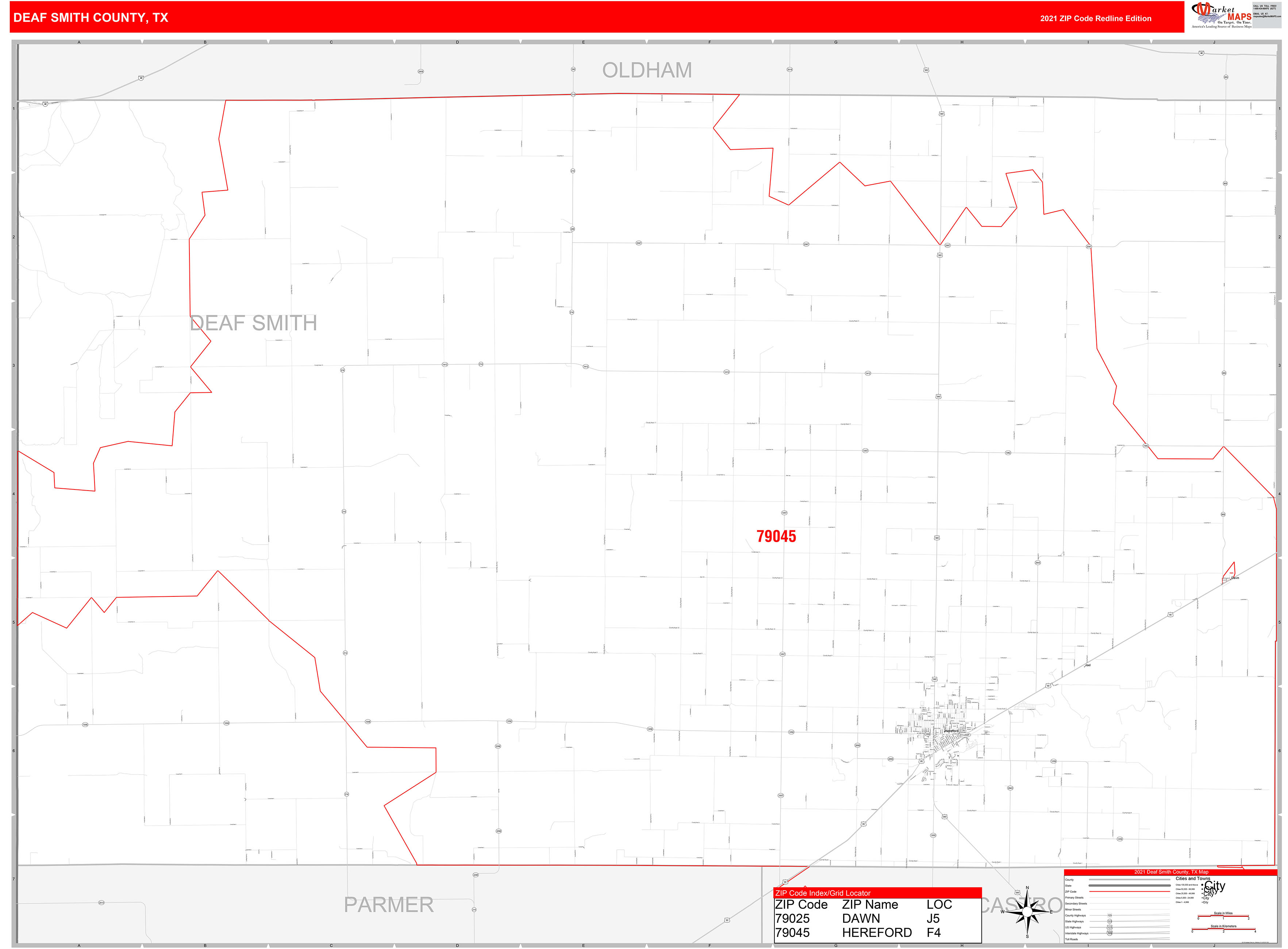 Deaf Smith County, TX Zip Code Wall Map Red Line Style by MarketMAPS