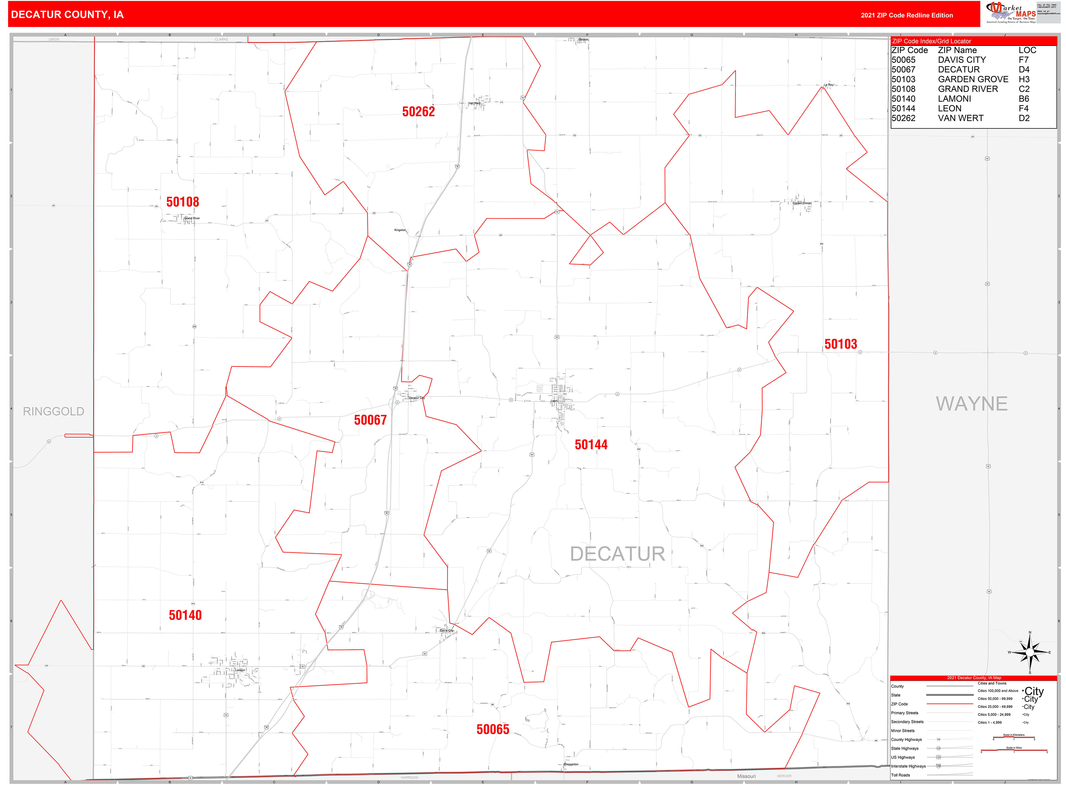 Decatur County, IA Zip Code Wall Map Red Line Style by MarketMAPS