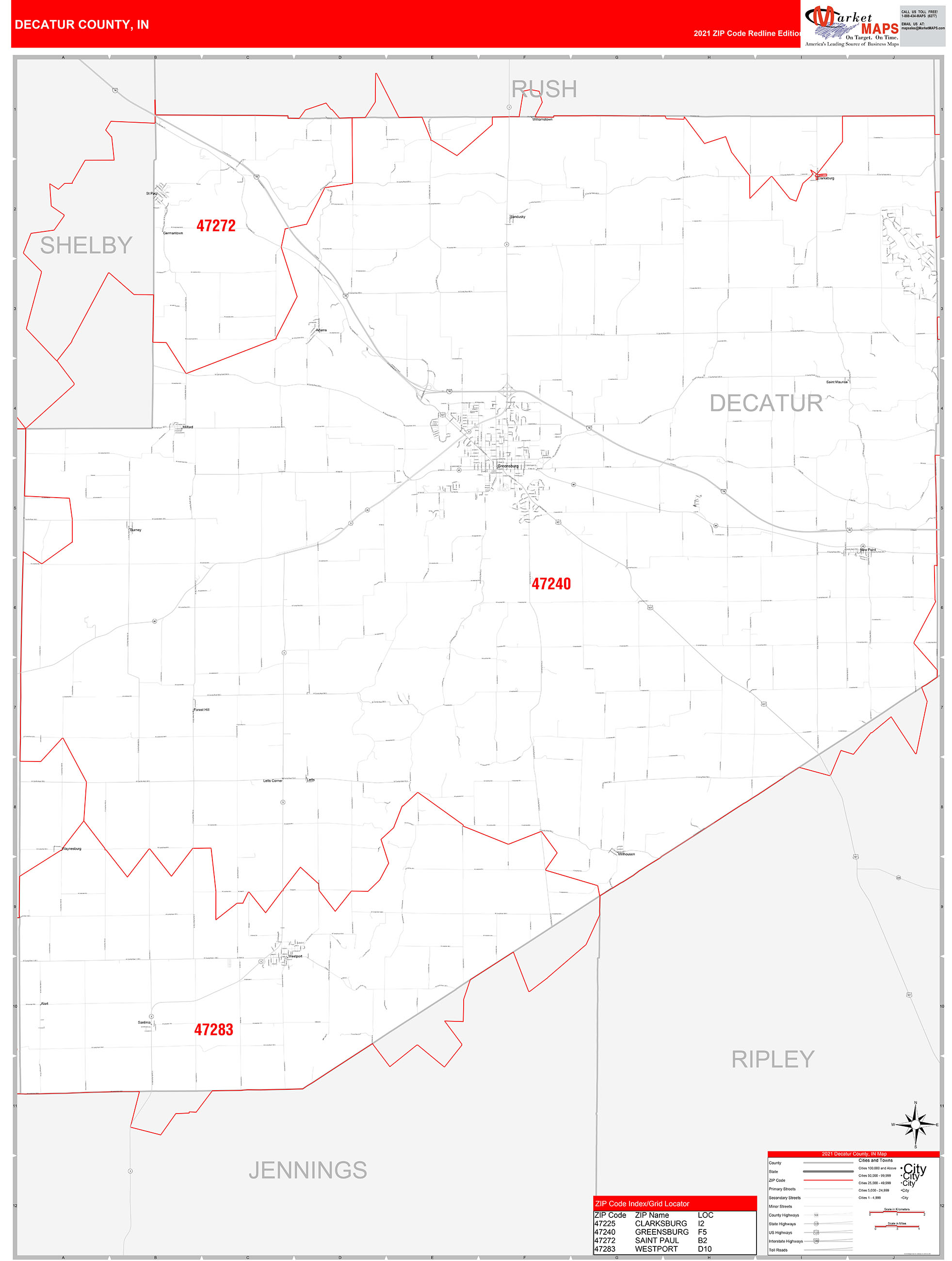 Decatur County, IN Zip Code Wall Map Red Line Style by MarketMAPS