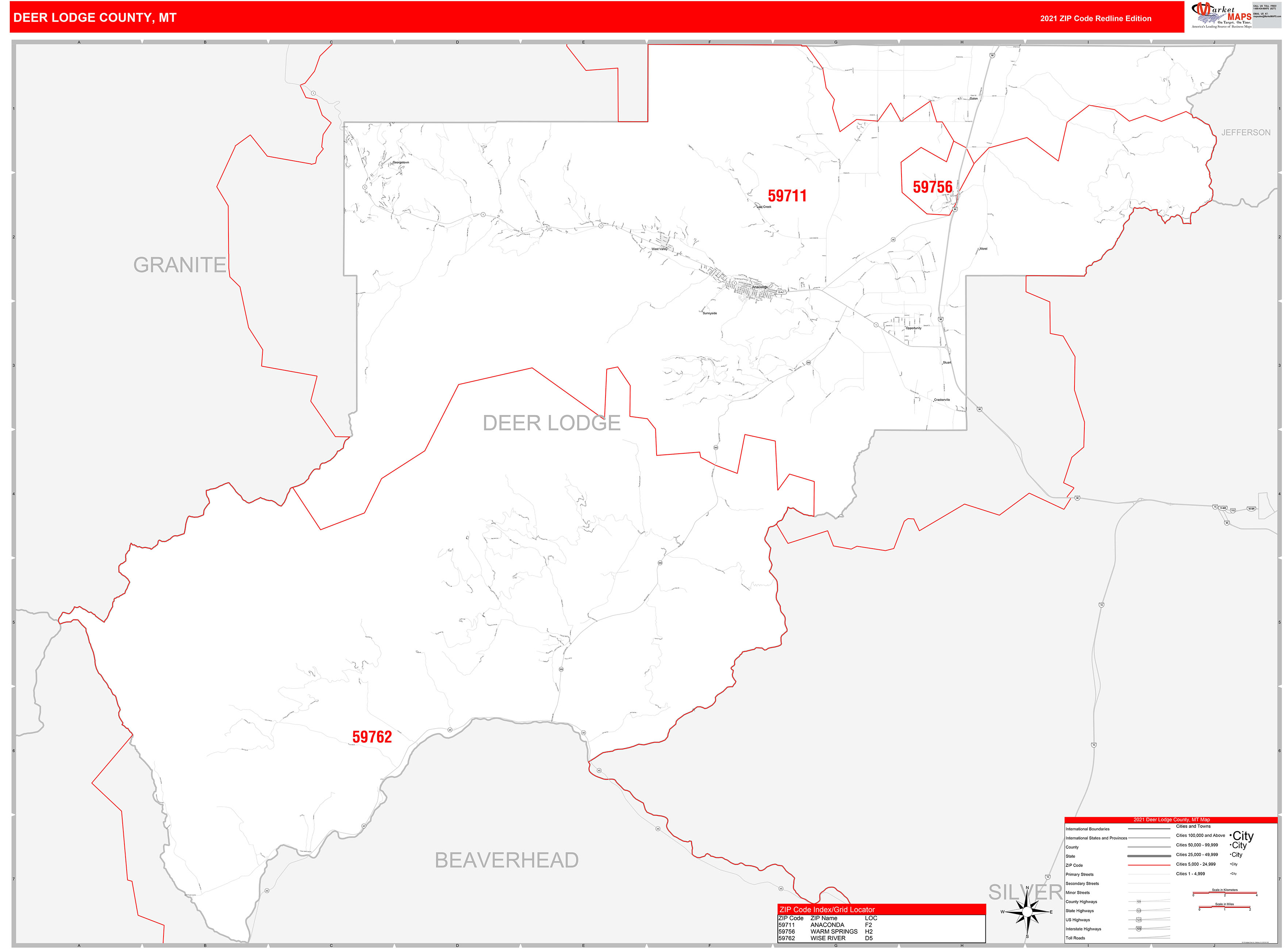Deer Lodge County, MT Zip Code Wall Map Red Line Style by MarketMAPS