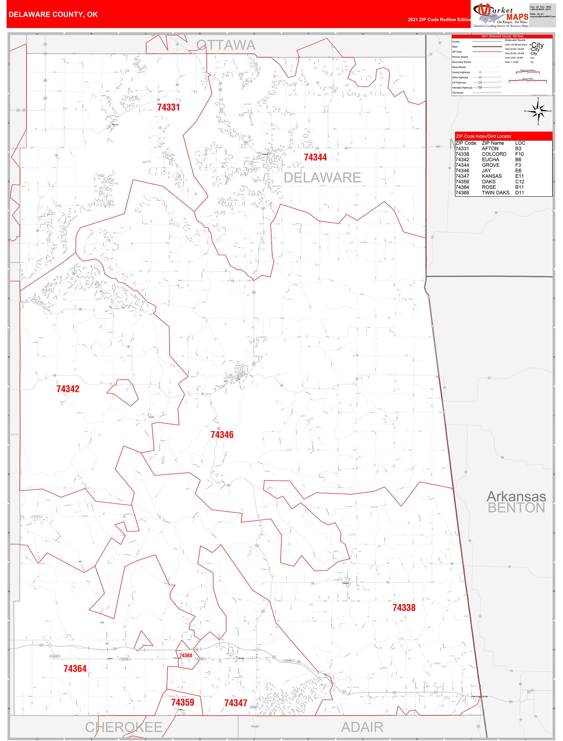 Delaware County, OK Zip Code Wall Map Red Line Style by MarketMAPS