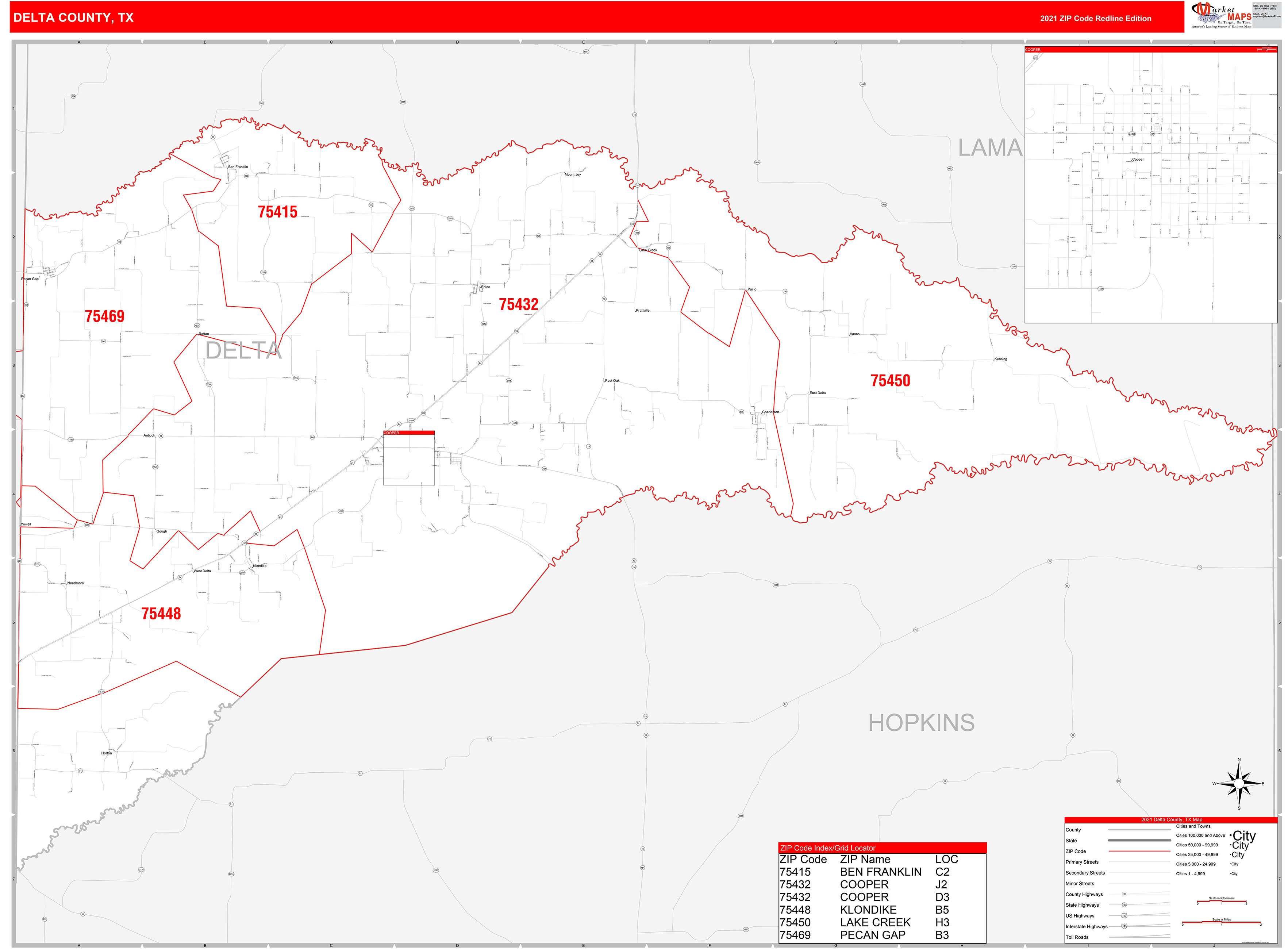 Delta County, TX Zip Code Wall Map Red Line Style by MarketMAPS MapSales