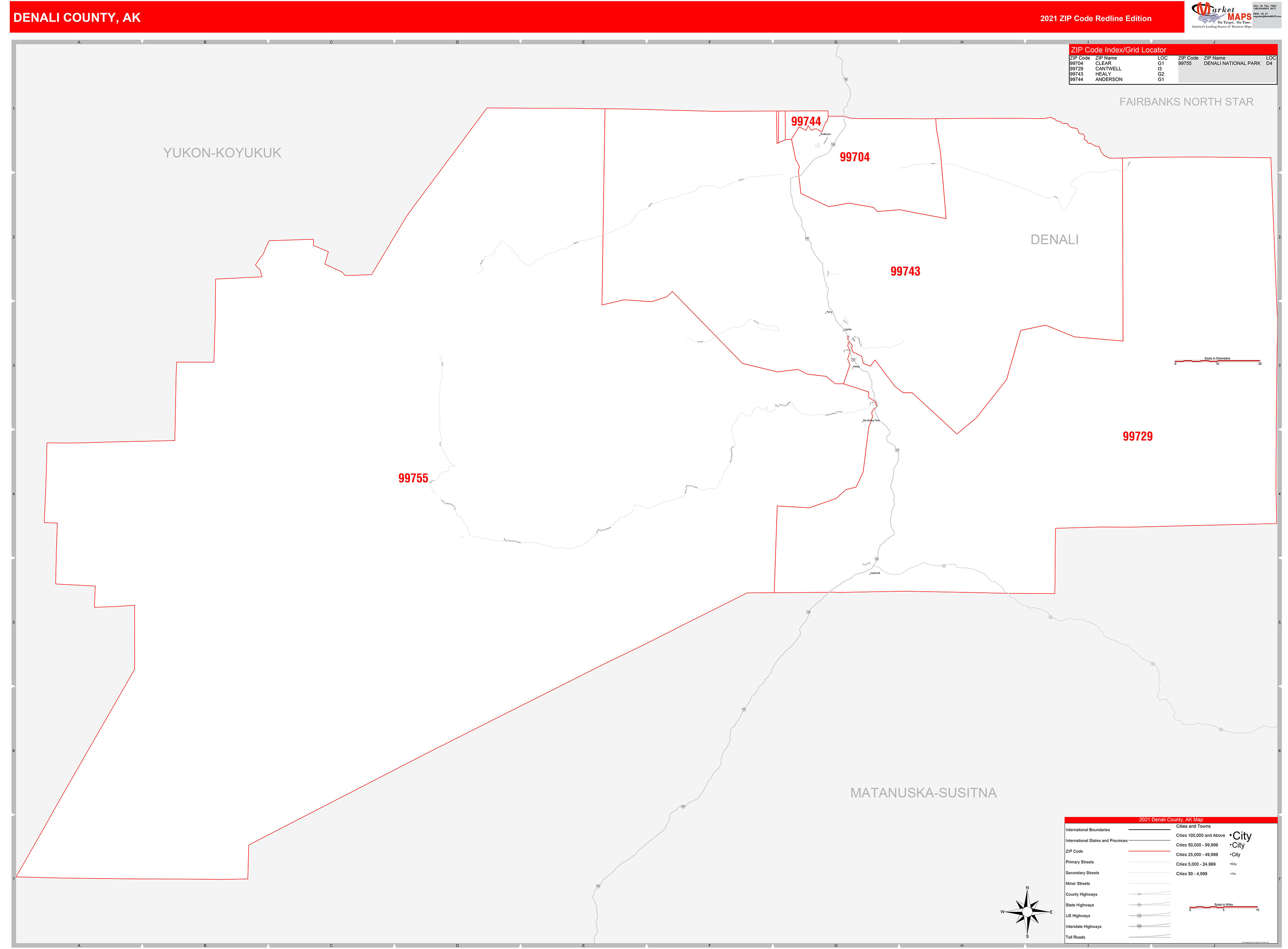 Denali County, AK Zip Code Wall Map Red Line Style by MarketMAPS