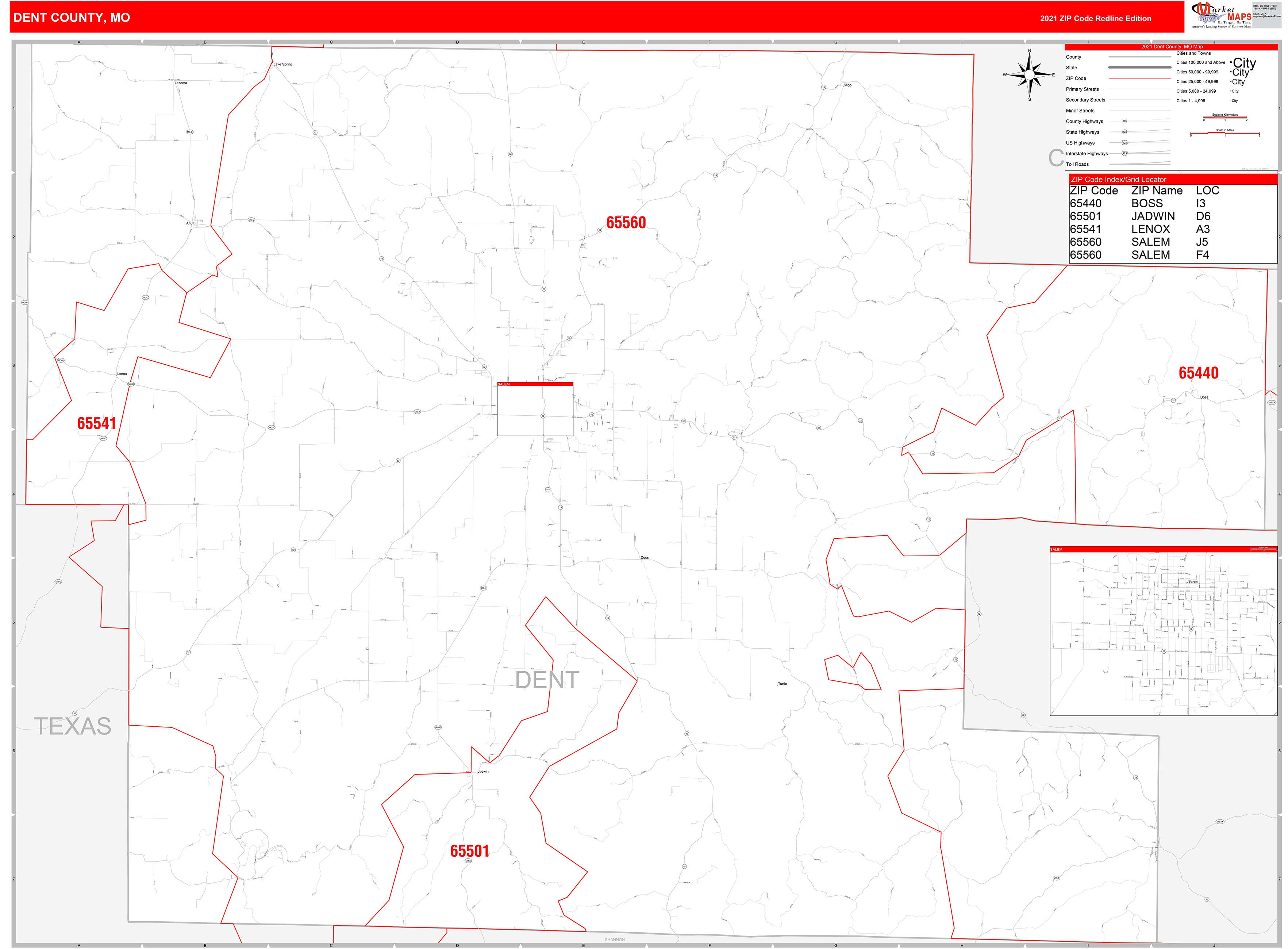 Dent County, MO Zip Code Wall Map Red Line Style by MarketMAPS MapSales