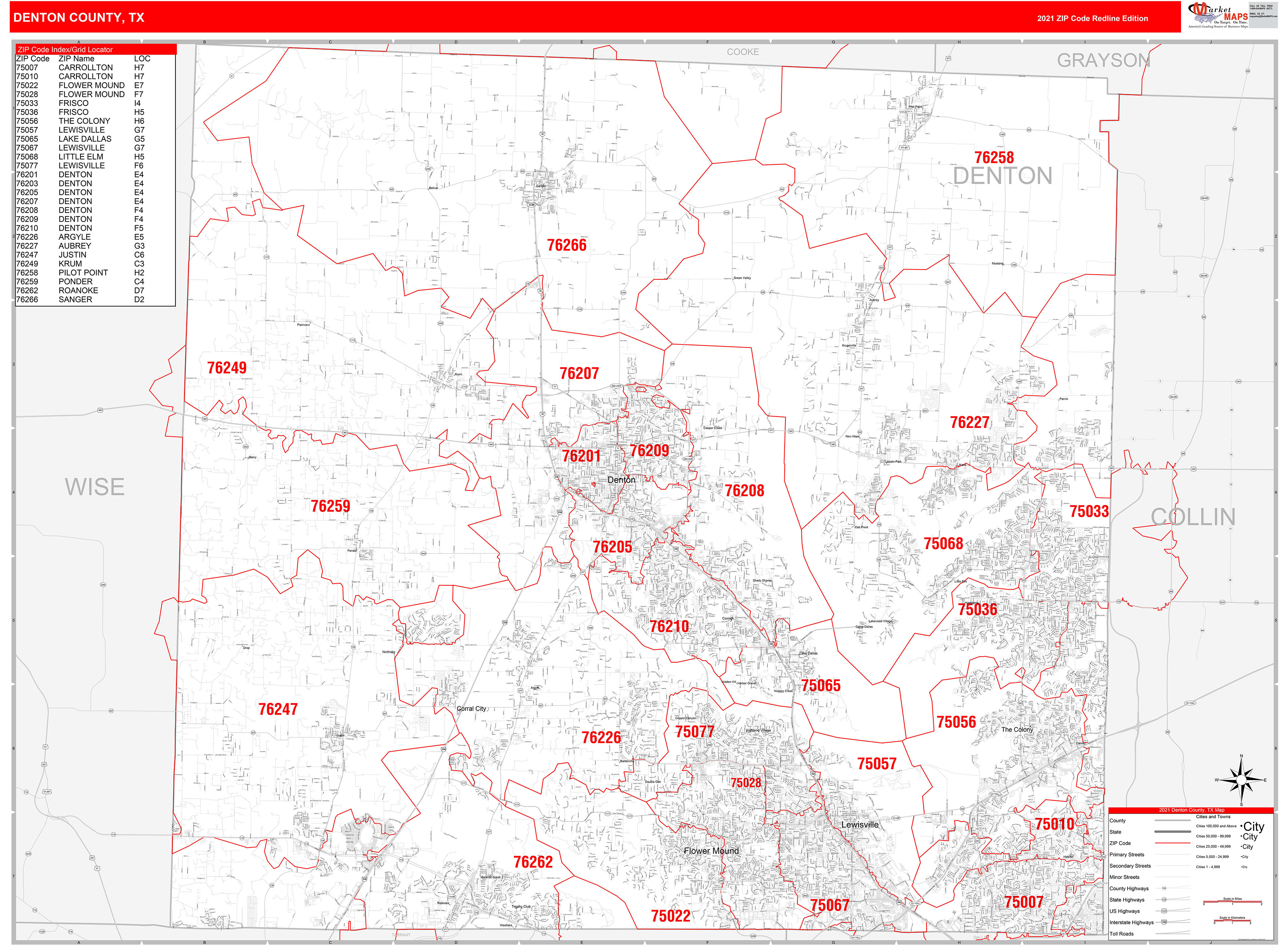 Denton County, TX Zip Code Wall Map Red Line Style by MarketMAPS - MapSales